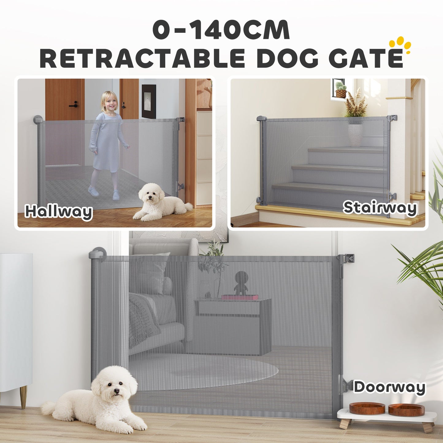 Retractable Stair Gate for Dogs, Pet Gate, Extends to 140 cm Wide & 93 cm Tall, One Handed Operation, for Stairs, Hallways, Doorways, Indoor and Outdoor, Grey