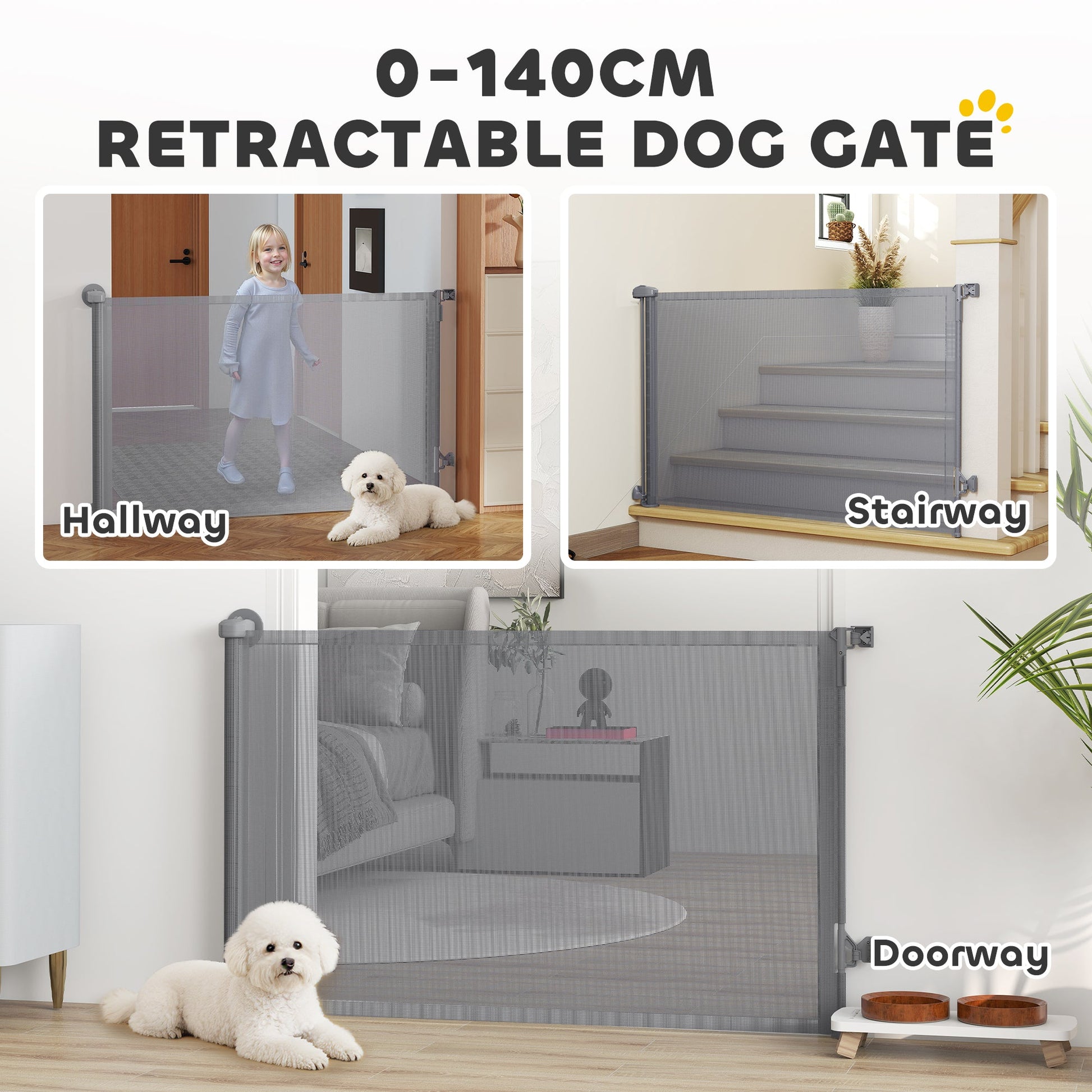 Retractable Stair Gate for Dogs, Pet Gate, Extends to 140 cm Wide & 93 cm Tall, One Handed Operation, for Stairs, Hallways, Doorways, Indoor and Outdoor, Grey