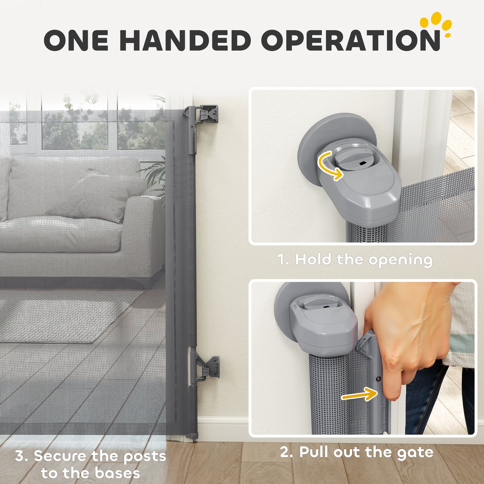 Retractable Stair Gate for Dogs, Pet Gate, Extends to 140 cm Wide & 93 cm Tall, One Handed Operation, for Stairs, Hallways, Doorways, Indoor and Outdoor, Grey