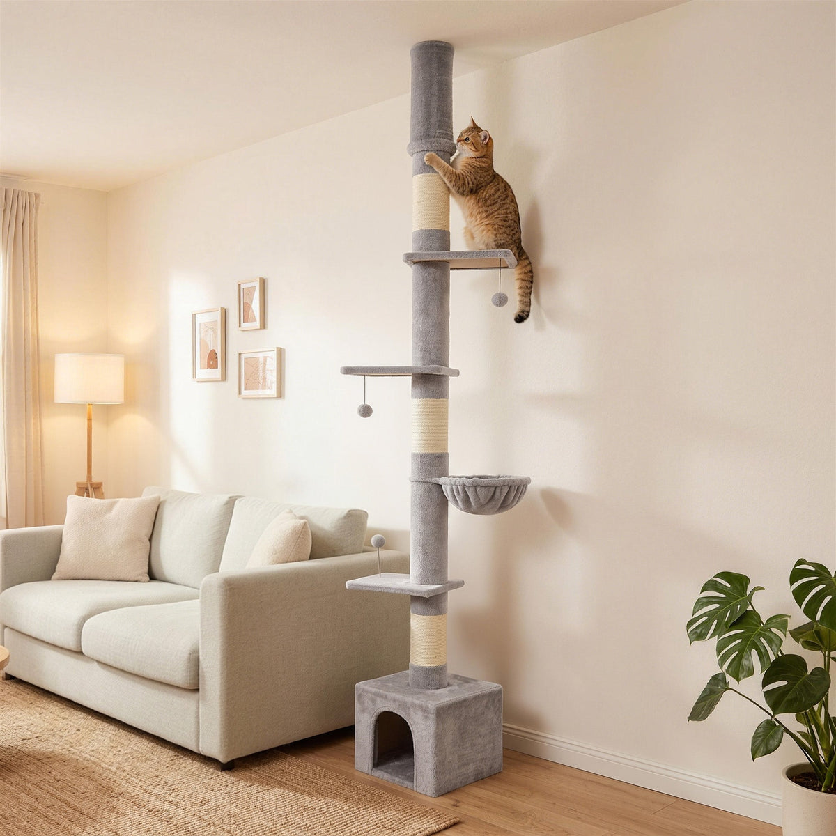 Floor to Ceiling Cat Tree, 230-250cm Multi-Level Cat Tower with Adjustable Height, Scratching Posts, Condo, Platforms and 3 Dangling Balls, Activity Tree for Indoor Kittens, Light Grey