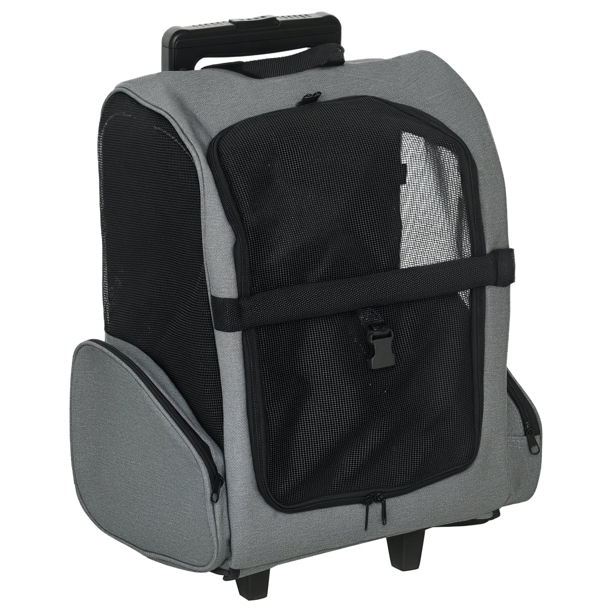 Pet Travel Backpack Bag Cat Puppy Dog Carrier w/ Trolley and Telescopic Handle Portable Stroller Wheel Luggage Bag (Grey)