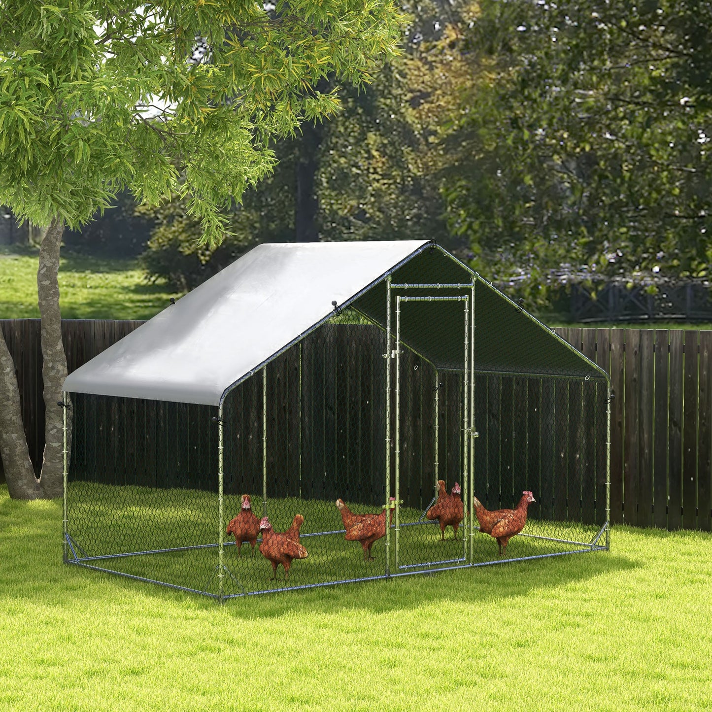 Chicken Run Galvanised Walk-in Chicken Coop Hen Poultry House Cage Rabbit Hutch Pet Playpen Garden w/ Water-Resist Cover, 3 x 1.7 x 1.9m