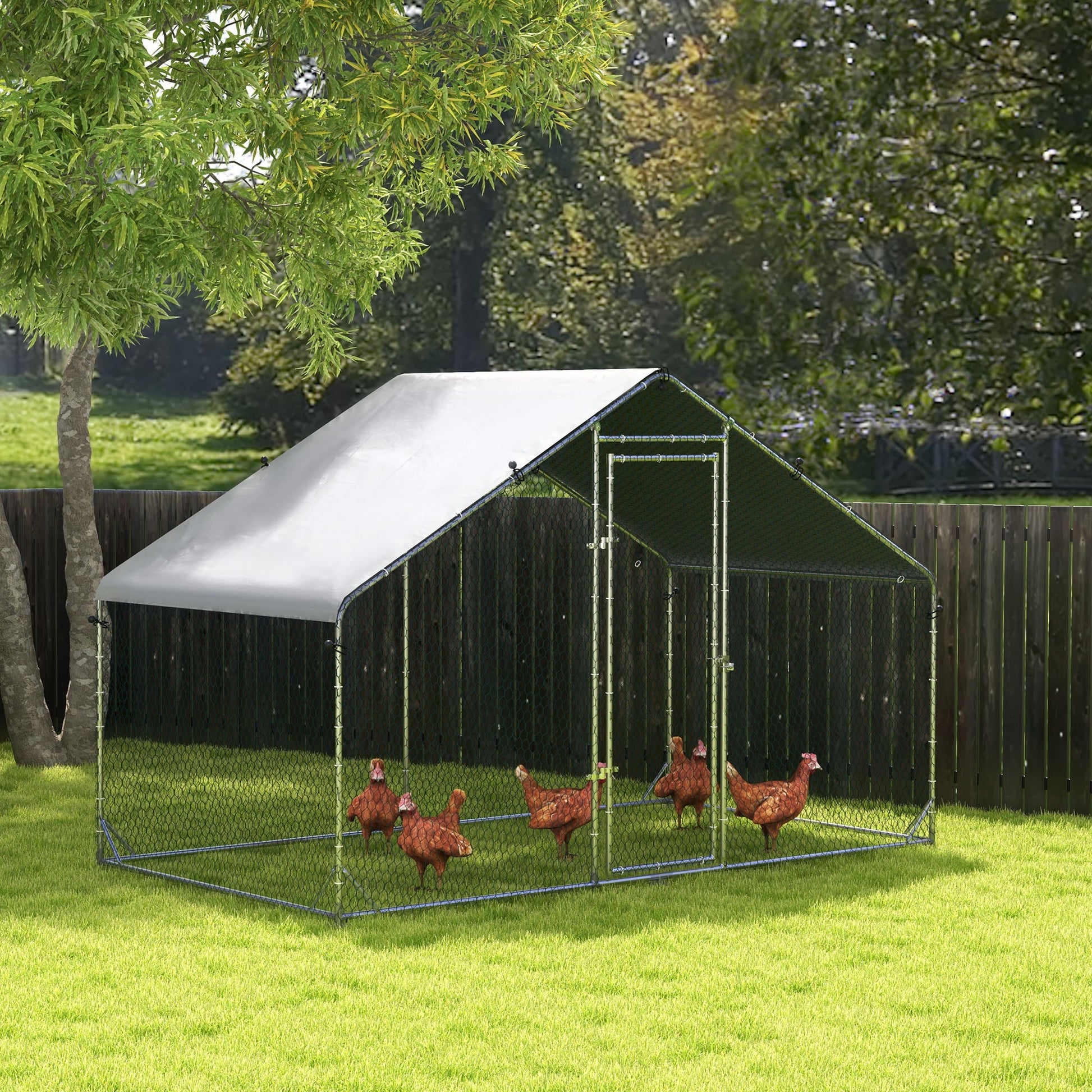 Chicken Run Galvanised Walk-in Chicken Coop Hen Poultry House Cage Rabbit Hutch Pet Playpen Garden w/ Water-Resist Cover, 3 x 1.7 x 1.9m