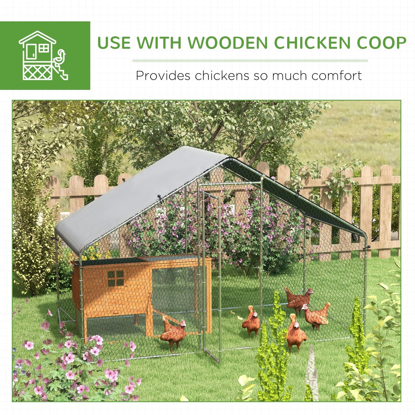 Chicken Run Galvanised Walk-in Chicken Coop Hen Poultry House Cage Rabbit Hutch Pet Playpen Garden w/ Water-Resist Cover, 3 x 1.7 x 1.9m