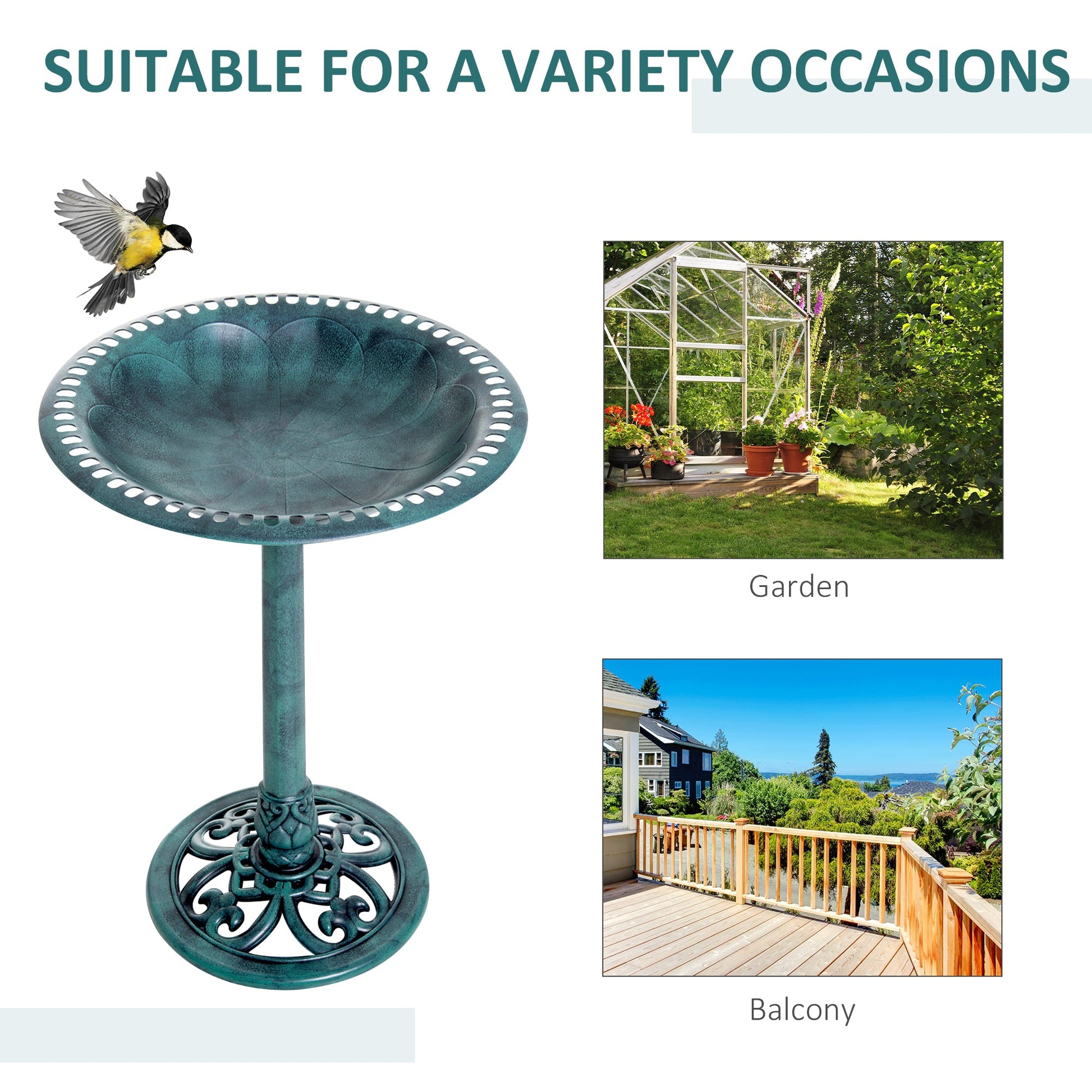 50cm Bird Bath for Garden, Outdoor Birdbath Stand, Decorative Bird Drinking Stand with Scallop-like Pattern, Time-Worn Finish, Green
