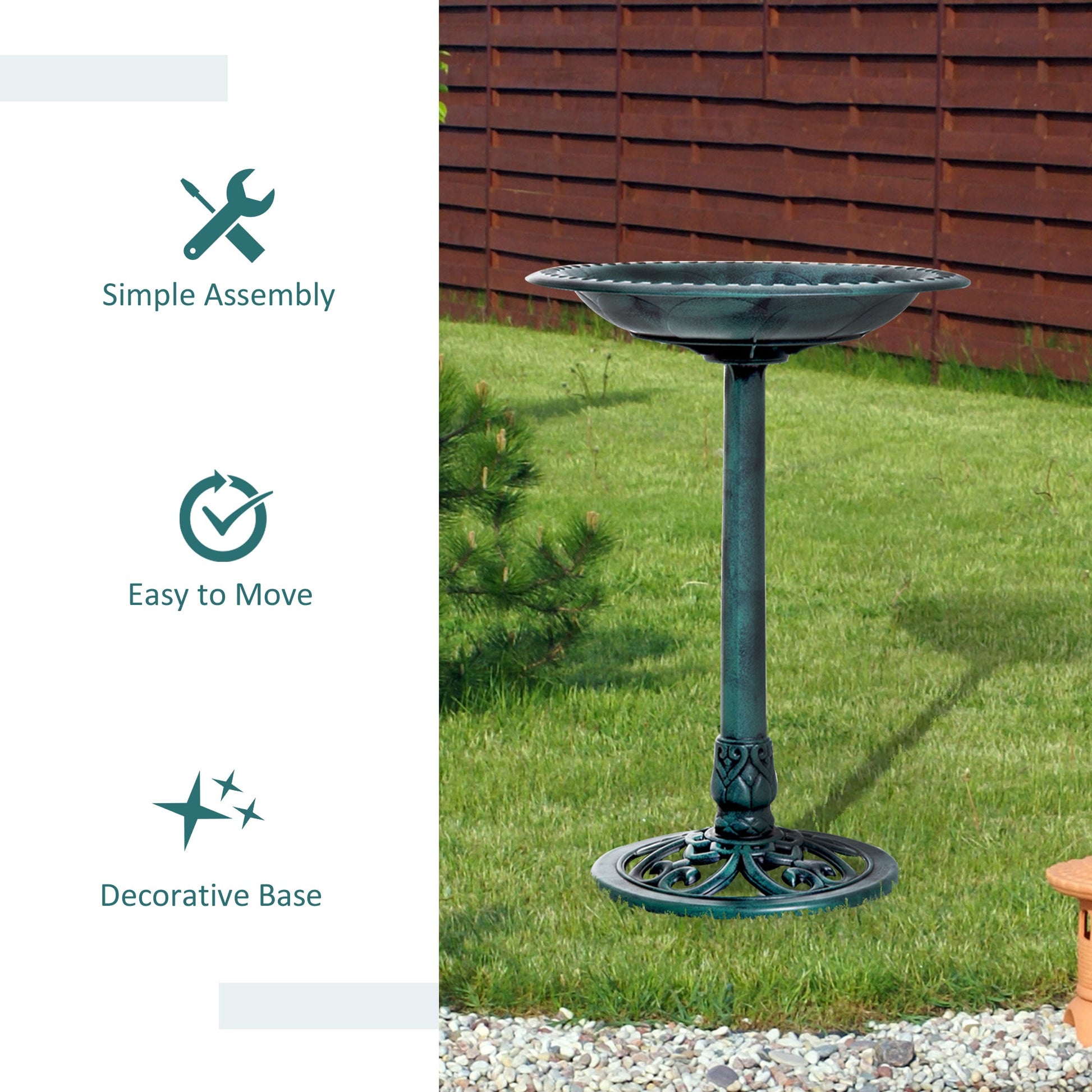 50cm Bird Bath for Garden, Outdoor Birdbath Stand, Decorative Bird Drinking Stand with Scallop-like Pattern, Time-Worn Finish, Green