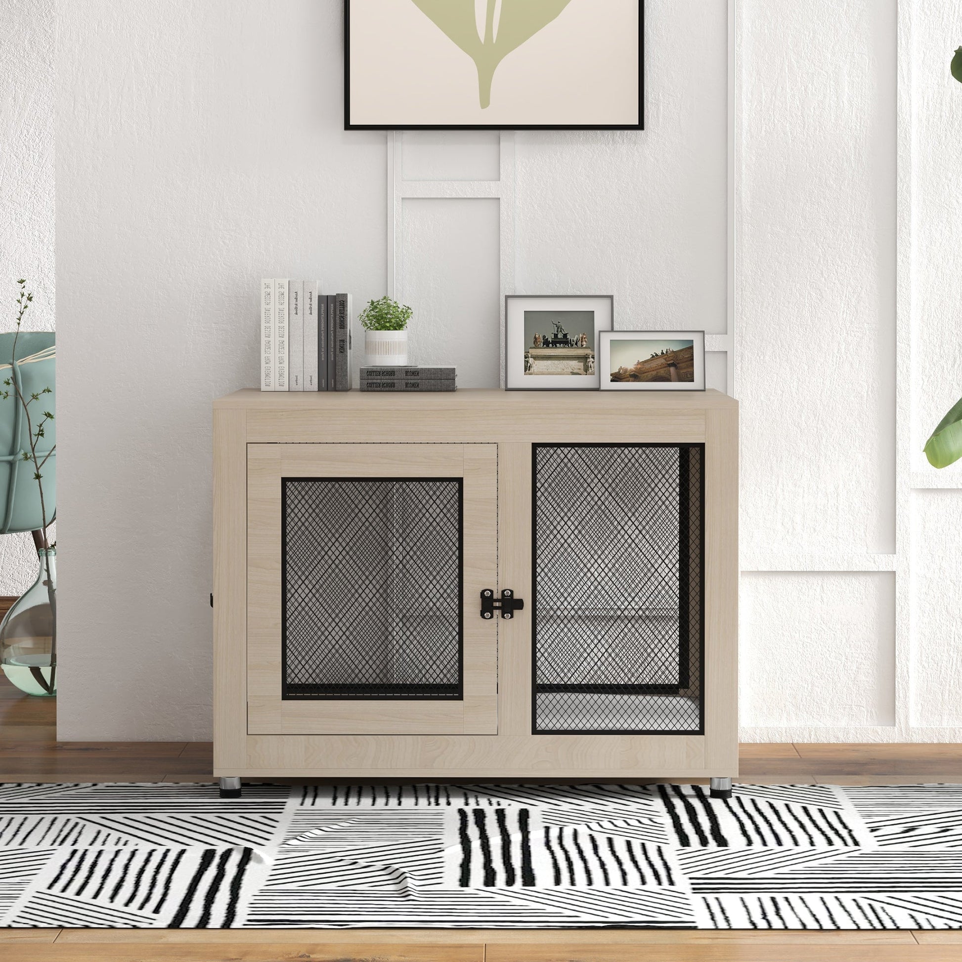 Dog Crate Furniture End Table w/ Soft Washable Cushion, Two Doors, Indoor Pet Kennel for Small Medium Large Dogs w/ Wire Mesh, Oak