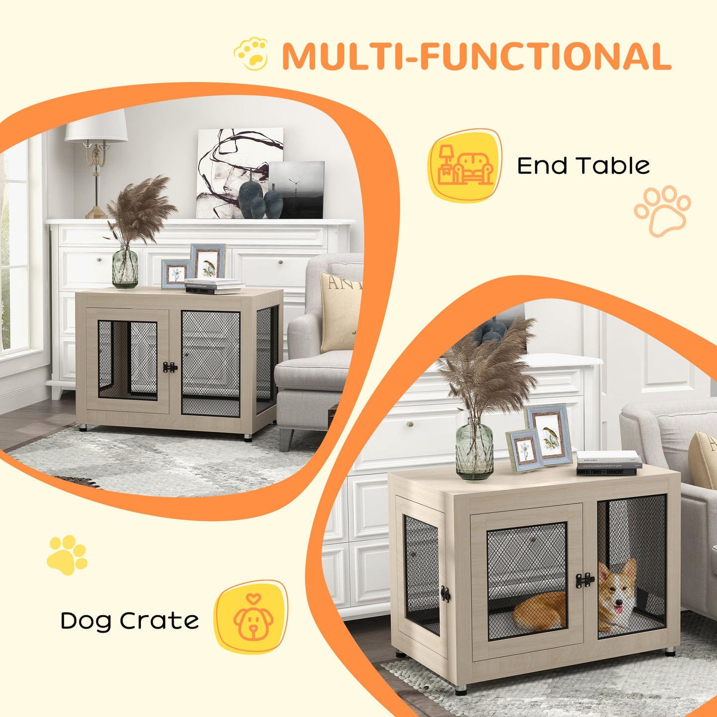 Dog Crate Furniture End Table w/ Soft Washable Cushion, Two Doors, Indoor Pet Kennel for Small Medium Large Dogs w/ Wire Mesh, Oak
