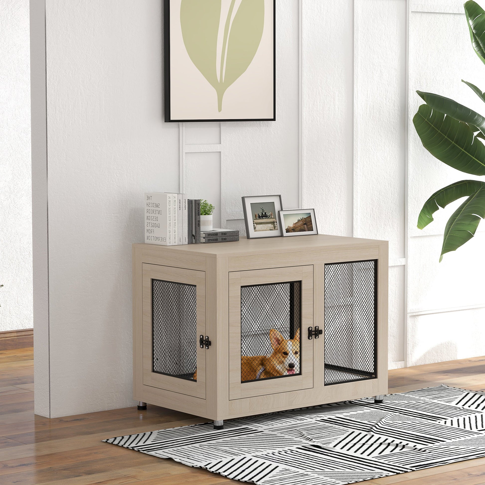 Dog Crate Furniture End Table w/ Soft Washable Cushion, Two Doors, Indoor Pet Kennel for Small Medium Large Dogs w/ Wire Mesh, Oak