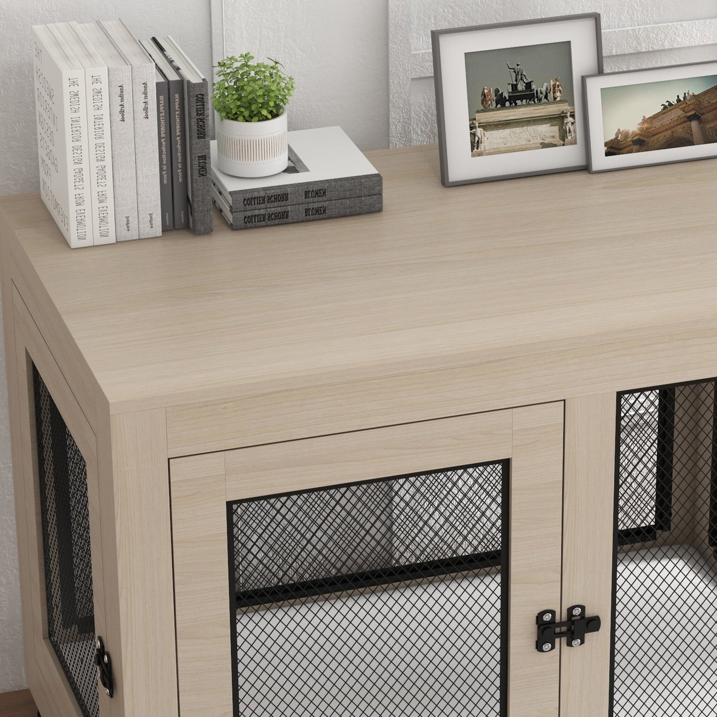 Dog Crate Furniture End Table w/ Soft Washable Cushion, Two Doors, Indoor Pet Kennel for Small Medium Large Dogs w/ Wire Mesh, Oak