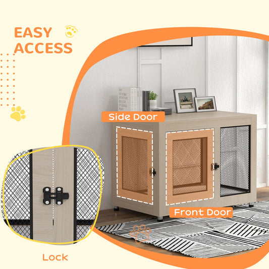 Dog Crate Furniture End Table w/ Soft Washable Cushion, Two Doors, Indoor Pet Kennel for Small Medium Large Dogs w/ Wire Mesh, Oak