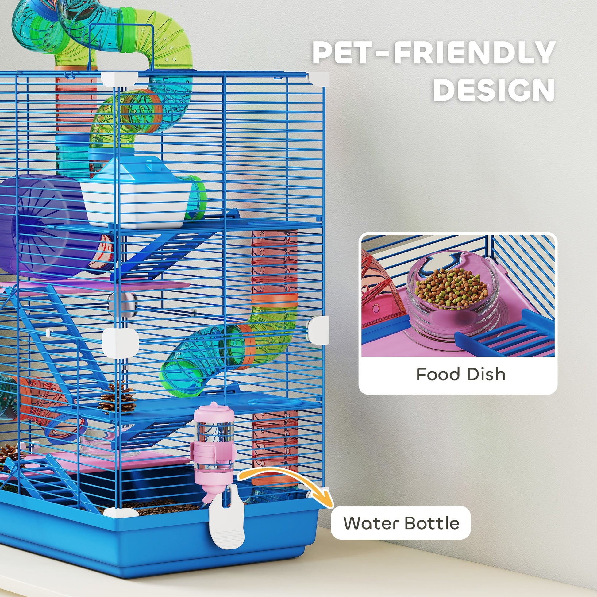 5 Tier Hamster Cage, Gerbil Cage with Tube Exercise Wheels, Tunnel, Water Bottle, Dishes, Blue, 58H x 46L x 30Wcm
