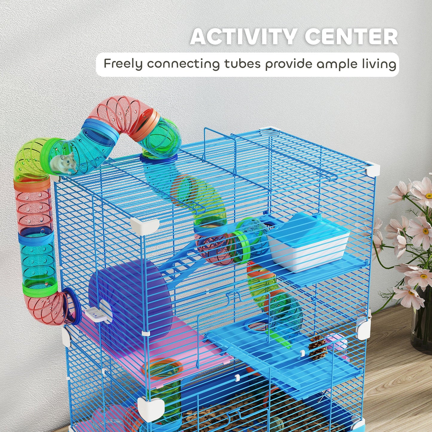 5 Tier Hamster Cage, Gerbil Cage with Tube Exercise Wheels, Tunnel, Water Bottle, Dishes, Blue, 58H x 46L x 30Wcm