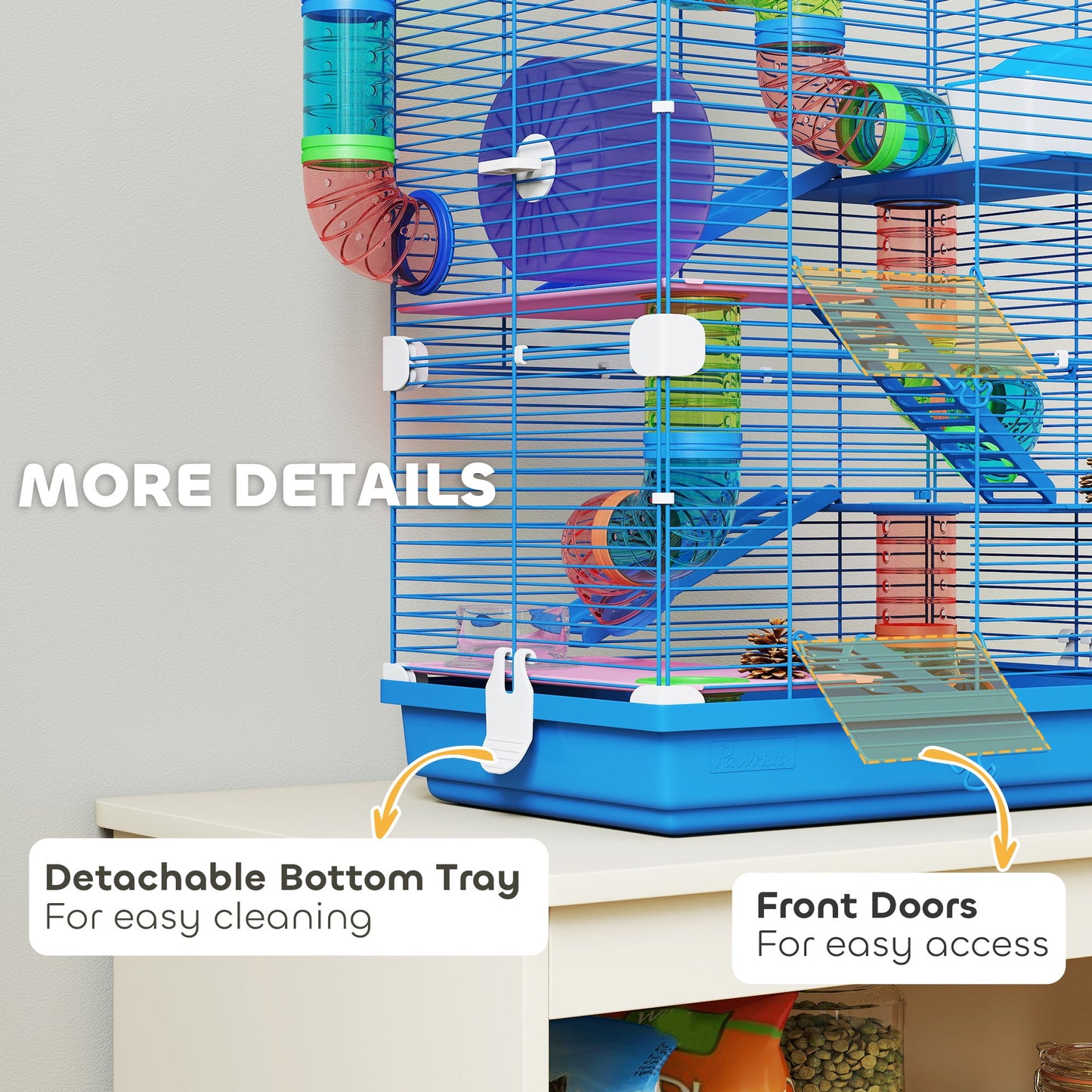 5 Tier Hamster Cage, Gerbil Cage with Tube Exercise Wheels, Tunnel, Water Bottle, Dishes, Blue, 58H x 46L x 30Wcm