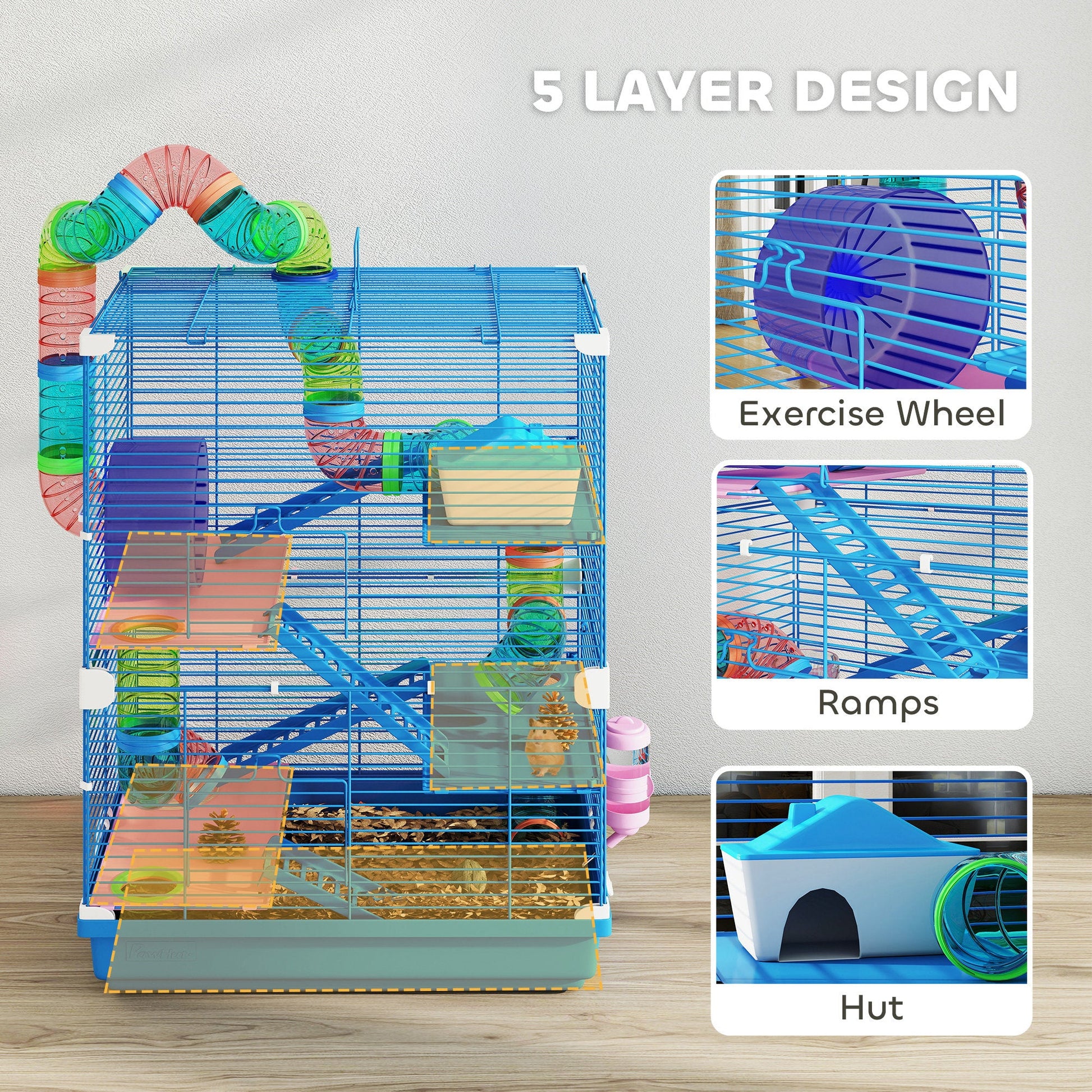 5 Tier Hamster Cage, Gerbil Cage with Tube Exercise Wheels, Tunnel, Water Bottle, Dishes, Blue, 58H x 46L x 30Wcm