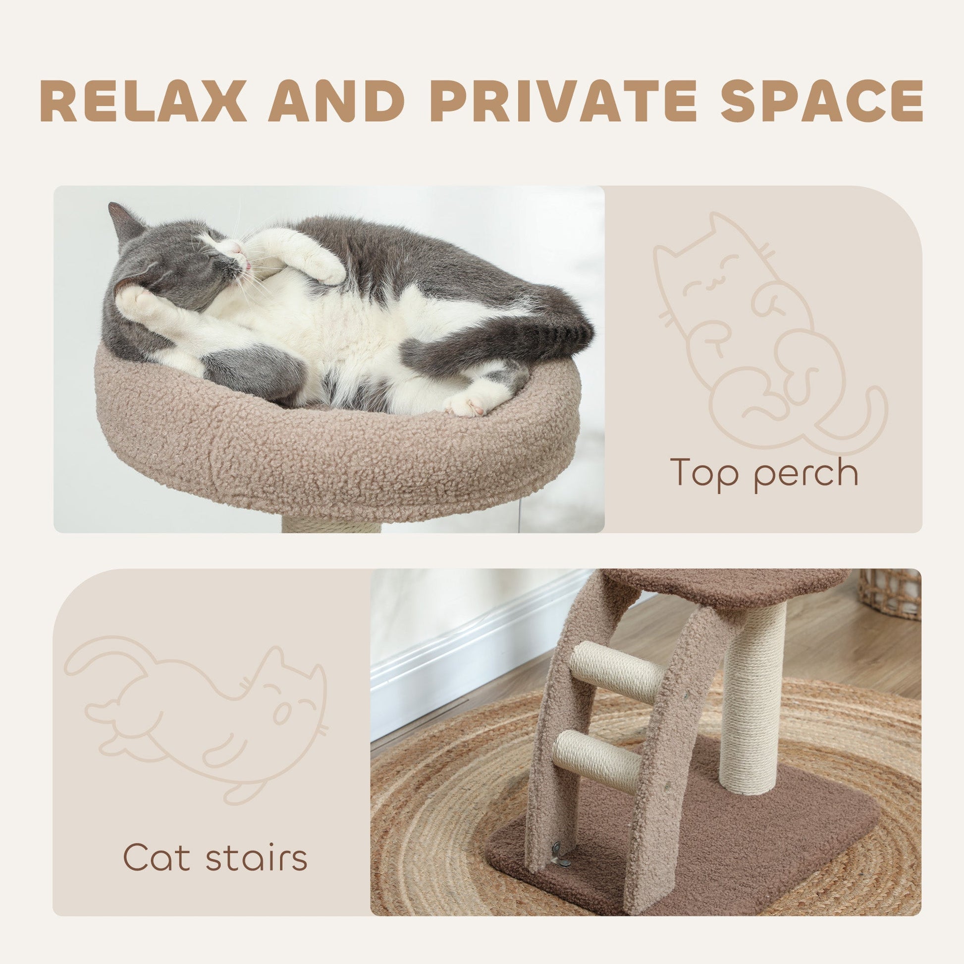 Cat Tree for Indoor Cats, 88cm Cat Tower with Sisal Scratching Post, Hanging Ball, Large Cat Perch, Stairs, Cat Activity Centre for Kitten, Brown
