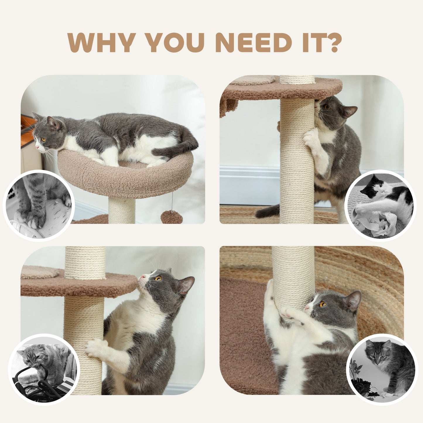 Cat Tree for Indoor Cats, 88cm Cat Tower with Sisal Scratching Post, Hanging Ball, Large Cat Perch, Stairs, Cat Activity Centre for Kitten, Brown