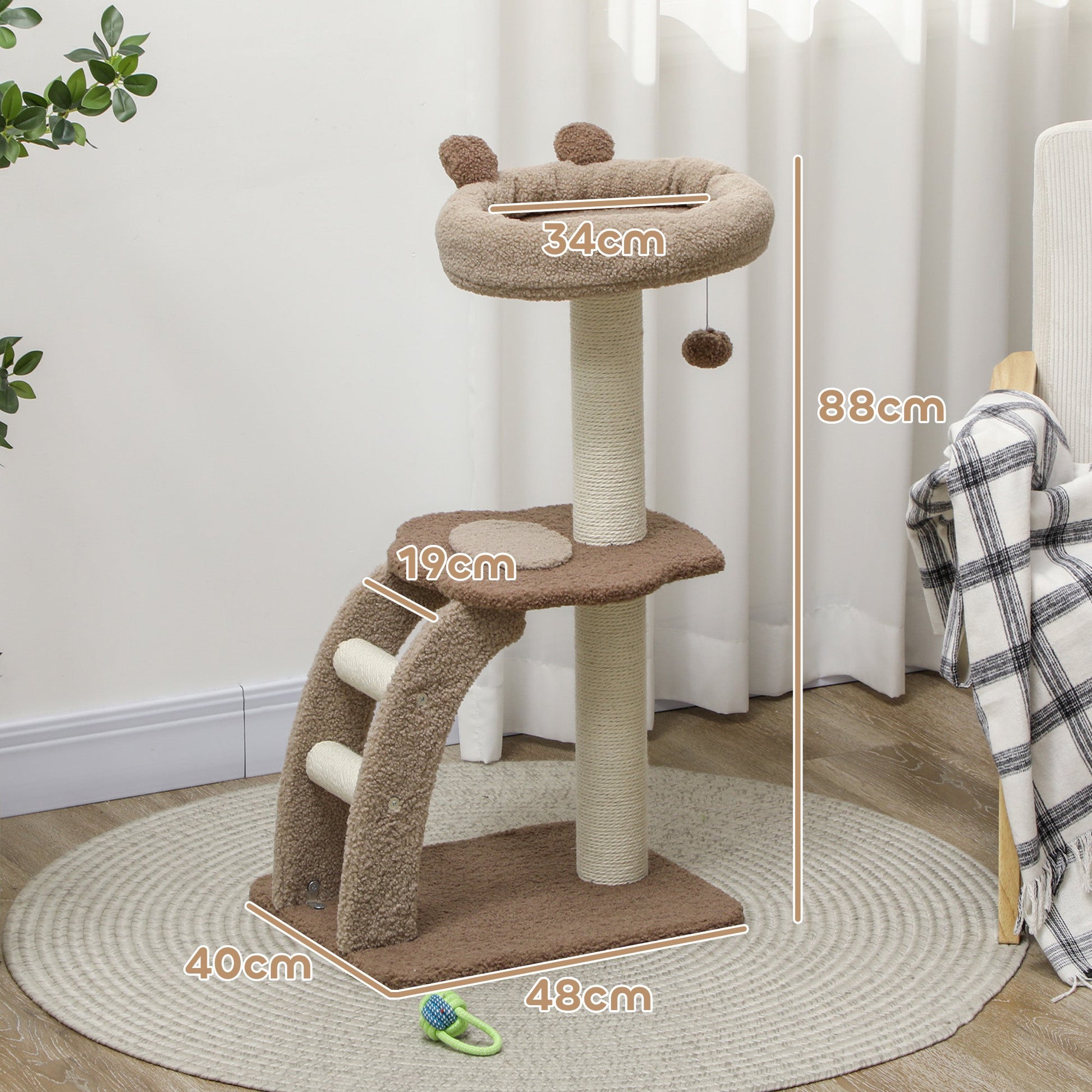 Cat Tree for Indoor Cats, 88cm Cat Tower with Sisal Scratching Post, Hanging Ball, Large Cat Perch, Stairs, Cat Activity Centre for Kitten, Brown