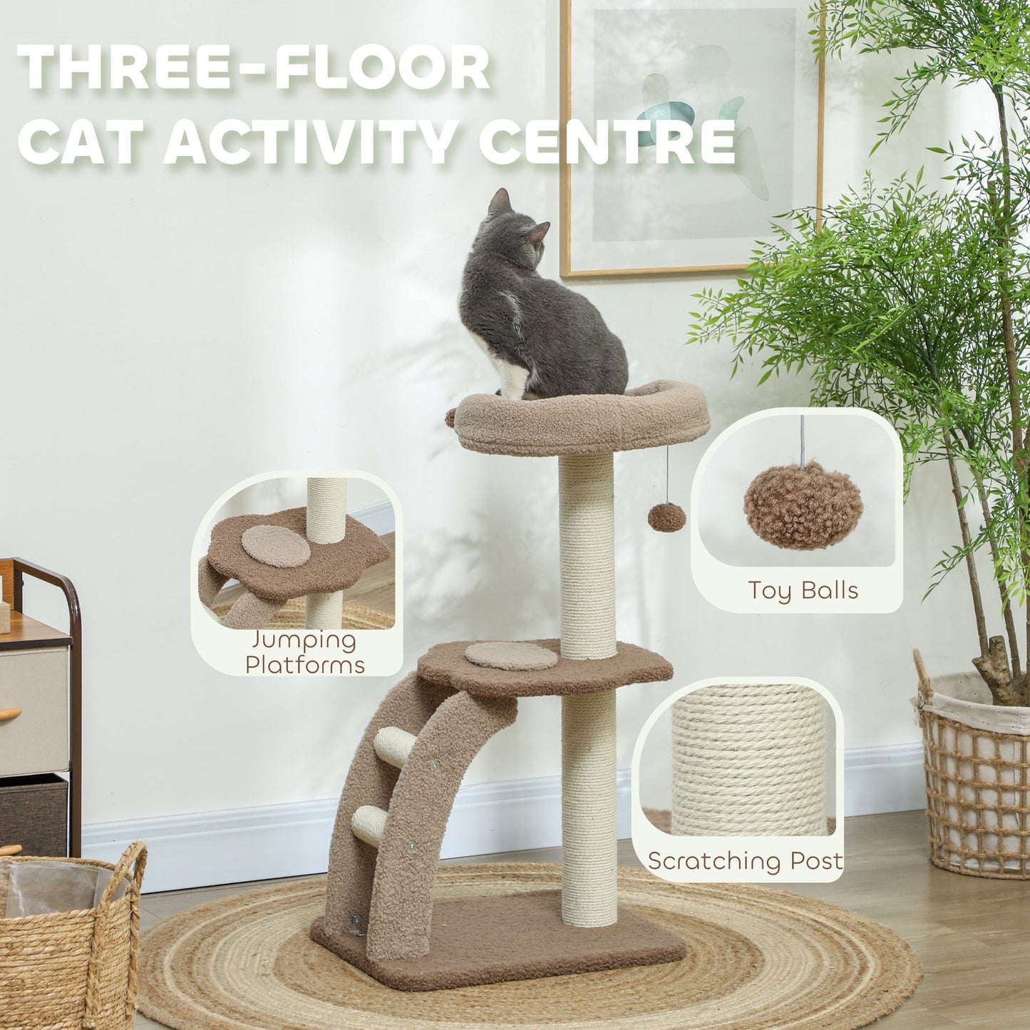 Cat Tree for Indoor Cats, 88cm Cat Tower with Sisal Scratching Post, Hanging Ball, Large Cat Perch, Stairs, Cat Activity Centre for Kitten, Brown