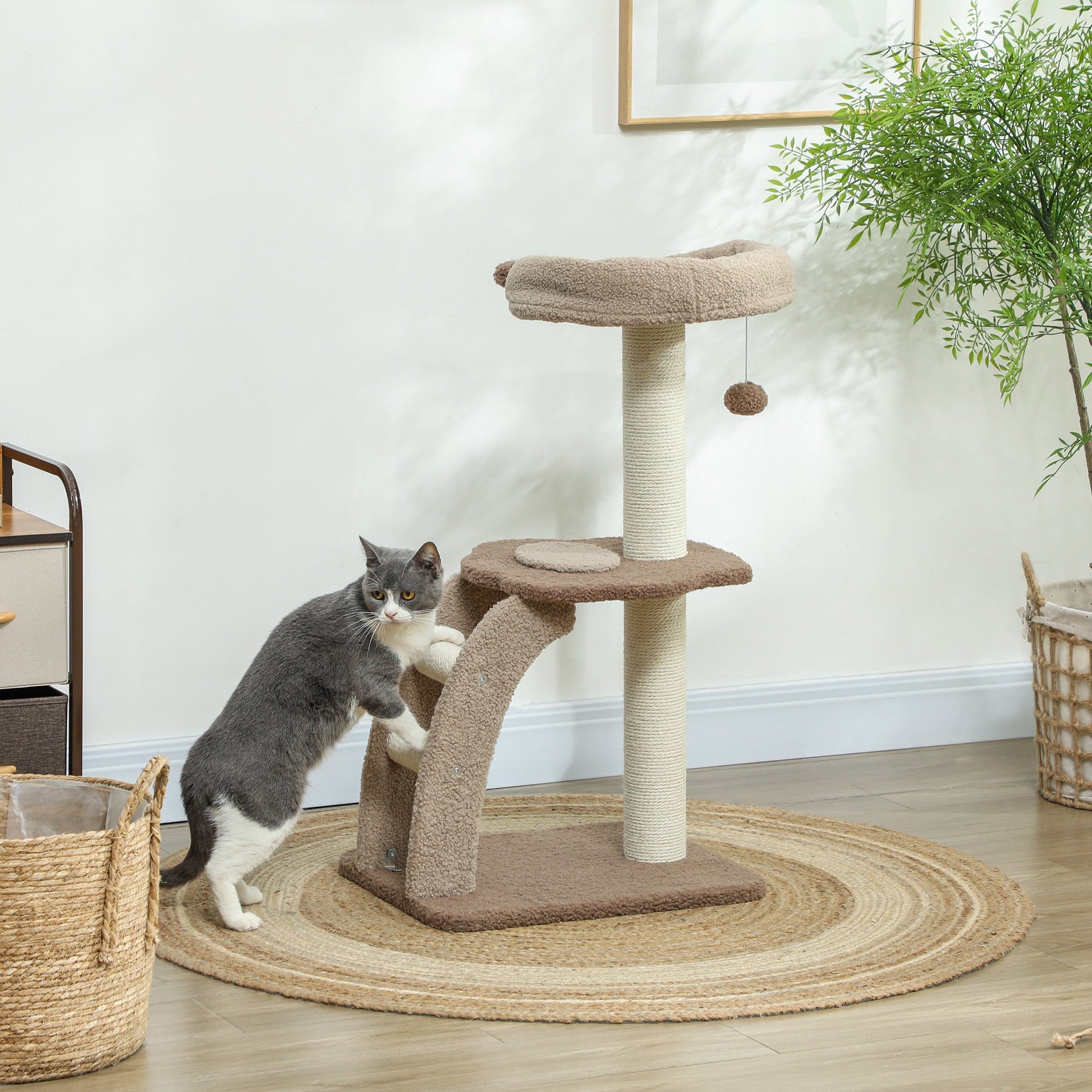 Cat Tree for Indoor Cats, 88cm Cat Tower with Sisal Scratching Post, Hanging Ball, Large Cat Perch, Stairs, Cat Activity Centre for Kitten, Brown
