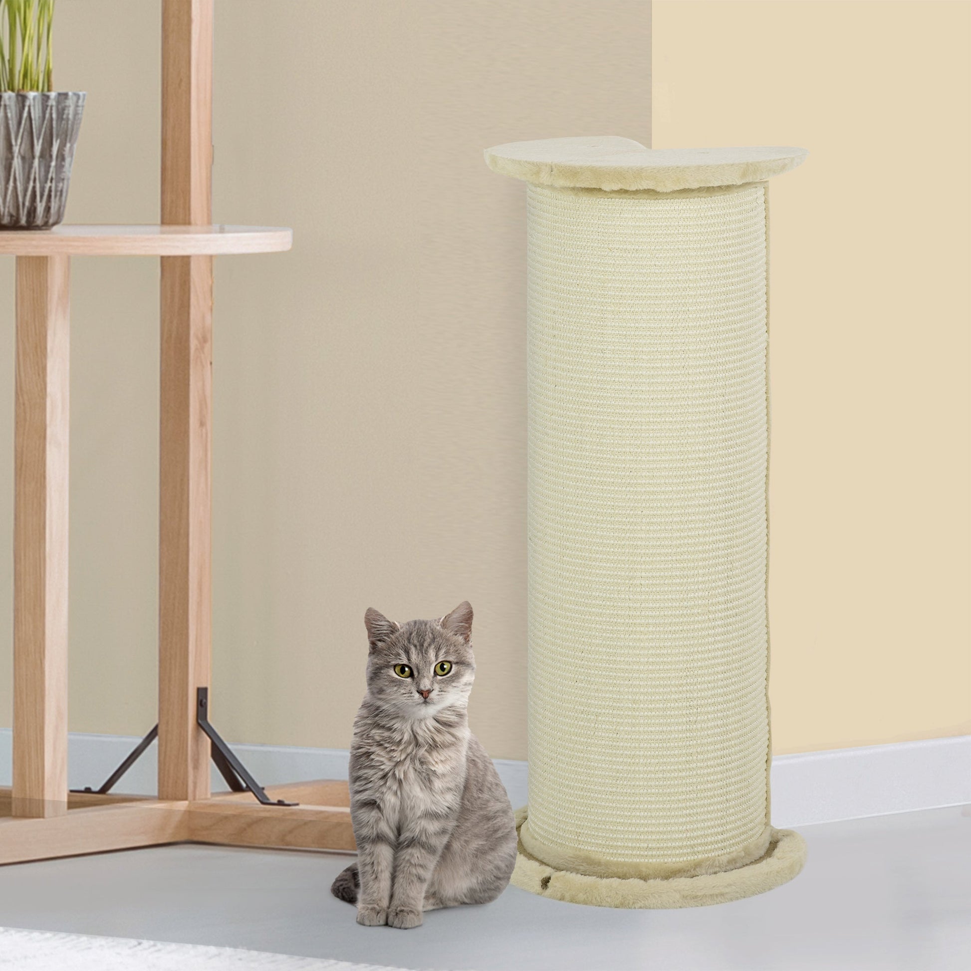 85cm Tall Cat Scratching Post w/ Sisal Rope, Covered in Soft Plush, Anti-Tip for Indoor Corners, Cabinet Corners, Sofa Corners - Beige