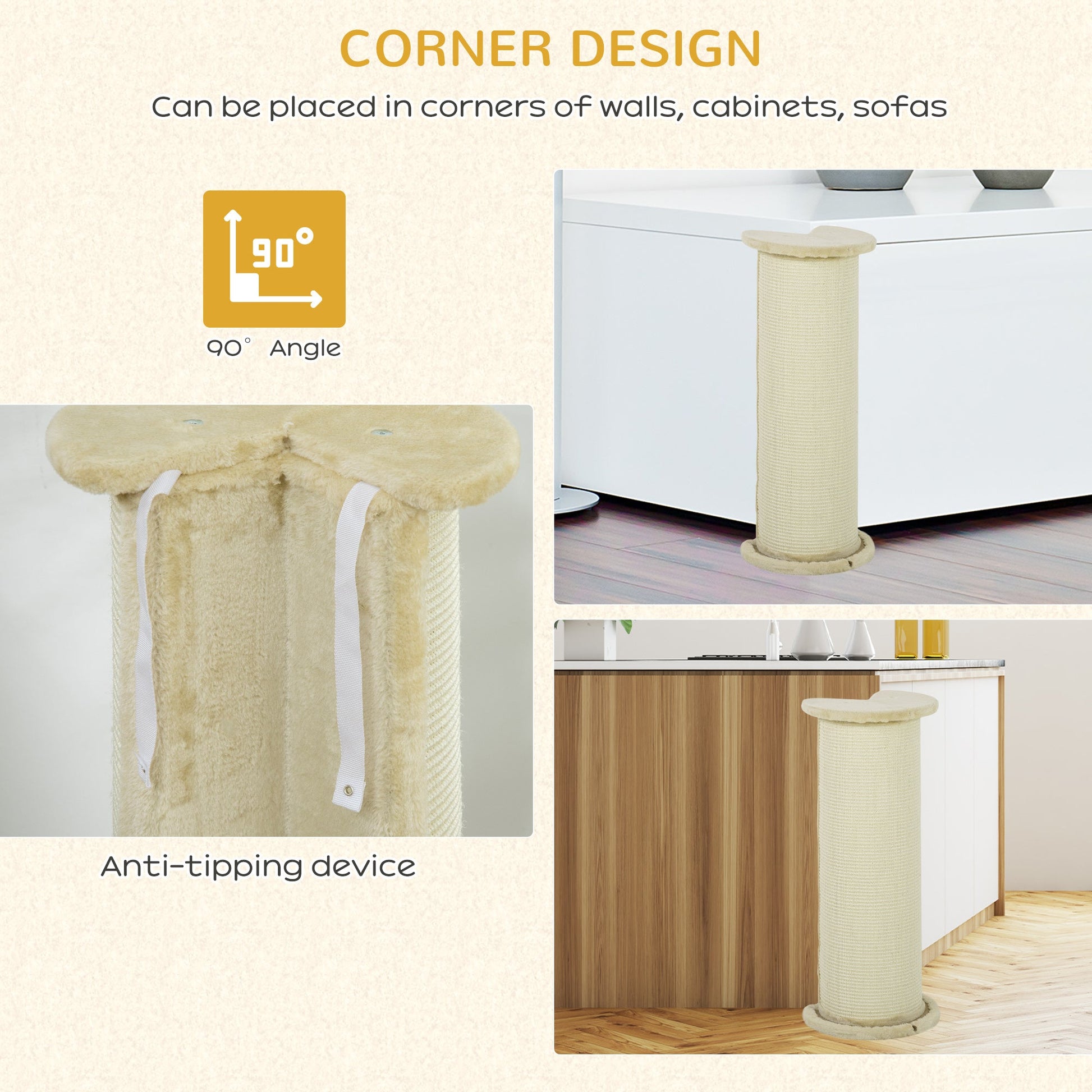 85cm Tall Cat Scratching Post w/ Sisal Rope, Covered in Soft Plush, Anti-Tip for Indoor Corners, Cabinet Corners, Sofa Corners - Beige