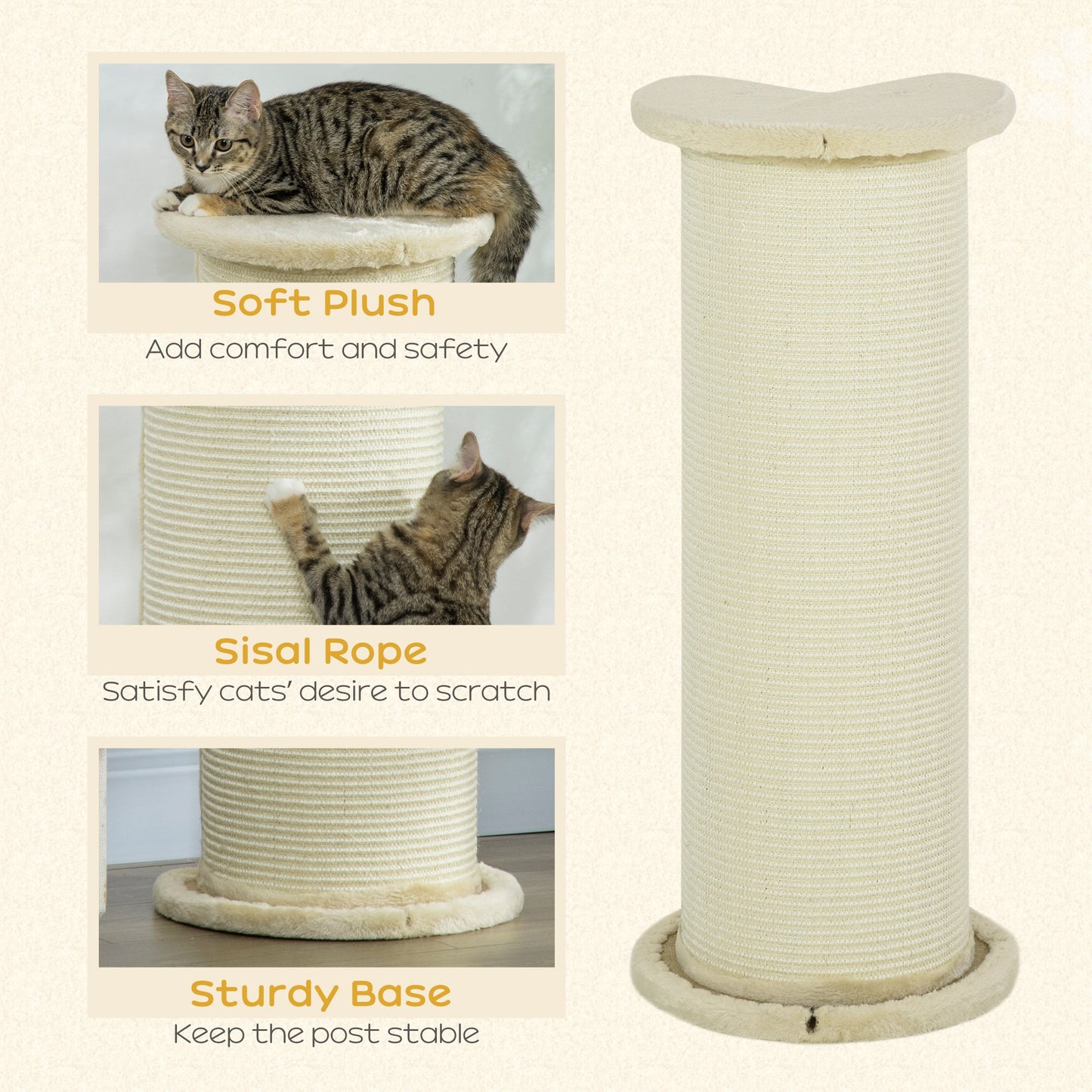 85cm Tall Cat Scratching Post w/ Sisal Rope, Covered in Soft Plush, Anti-Tip for Indoor Corners, Cabinet Corners, Sofa Corners - Beige