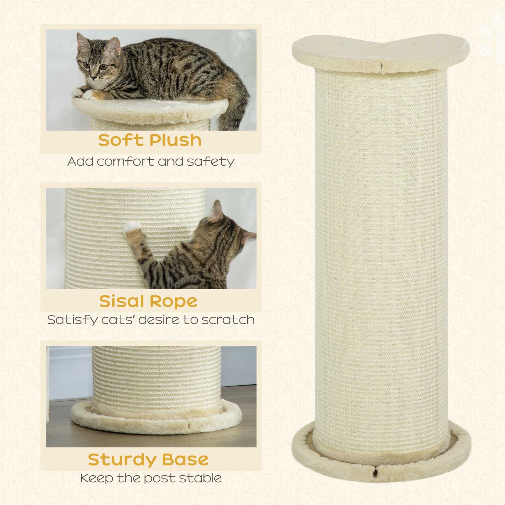 85cm Tall Cat Scratching Post w/ Sisal Rope, Covered in Soft Plush, Anti-Tip for Indoor Corners, Cabinet Corners, Sofa Corners - Beige