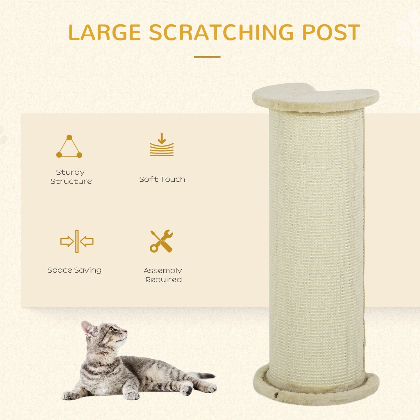 85cm Tall Cat Scratching Post w/ Sisal Rope, Covered in Soft Plush, Anti-Tip for Indoor Corners, Cabinet Corners, Sofa Corners - Beige