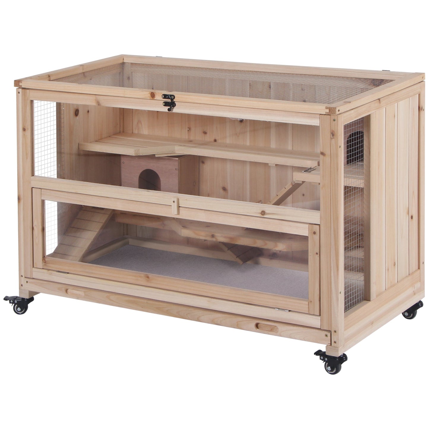 Wooden Hamster Cage, Mice Rodent Small Animals Kit Hutch, 3 Tiers Exercise Play House, with Wheels, Bottom Tray, 99 x 50 x 69 cm, Natural Wood