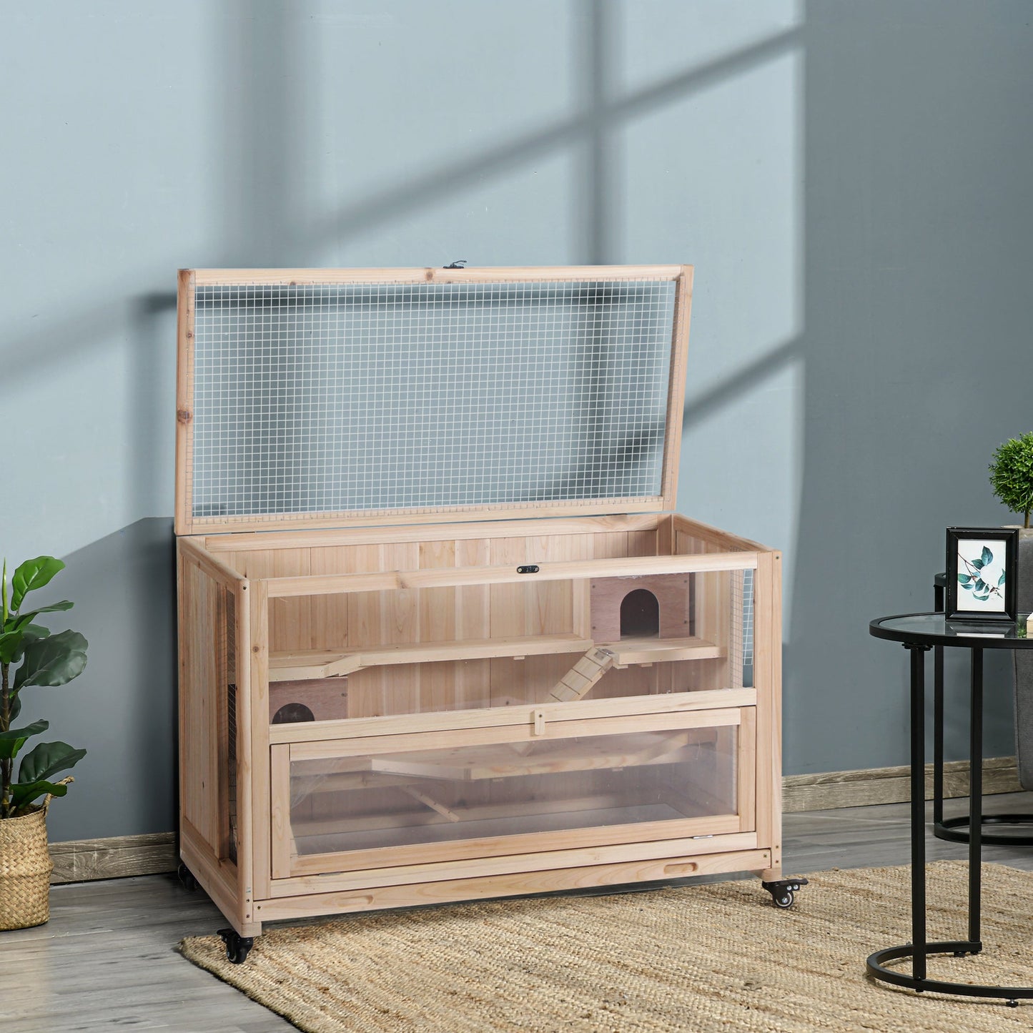 Wooden Hamster Cage, Mice Rodent Small Animals Kit Hutch, 3 Tiers Exercise Play House, with Wheels, Bottom Tray, 99 x 50 x 69 cm, Natural Wood