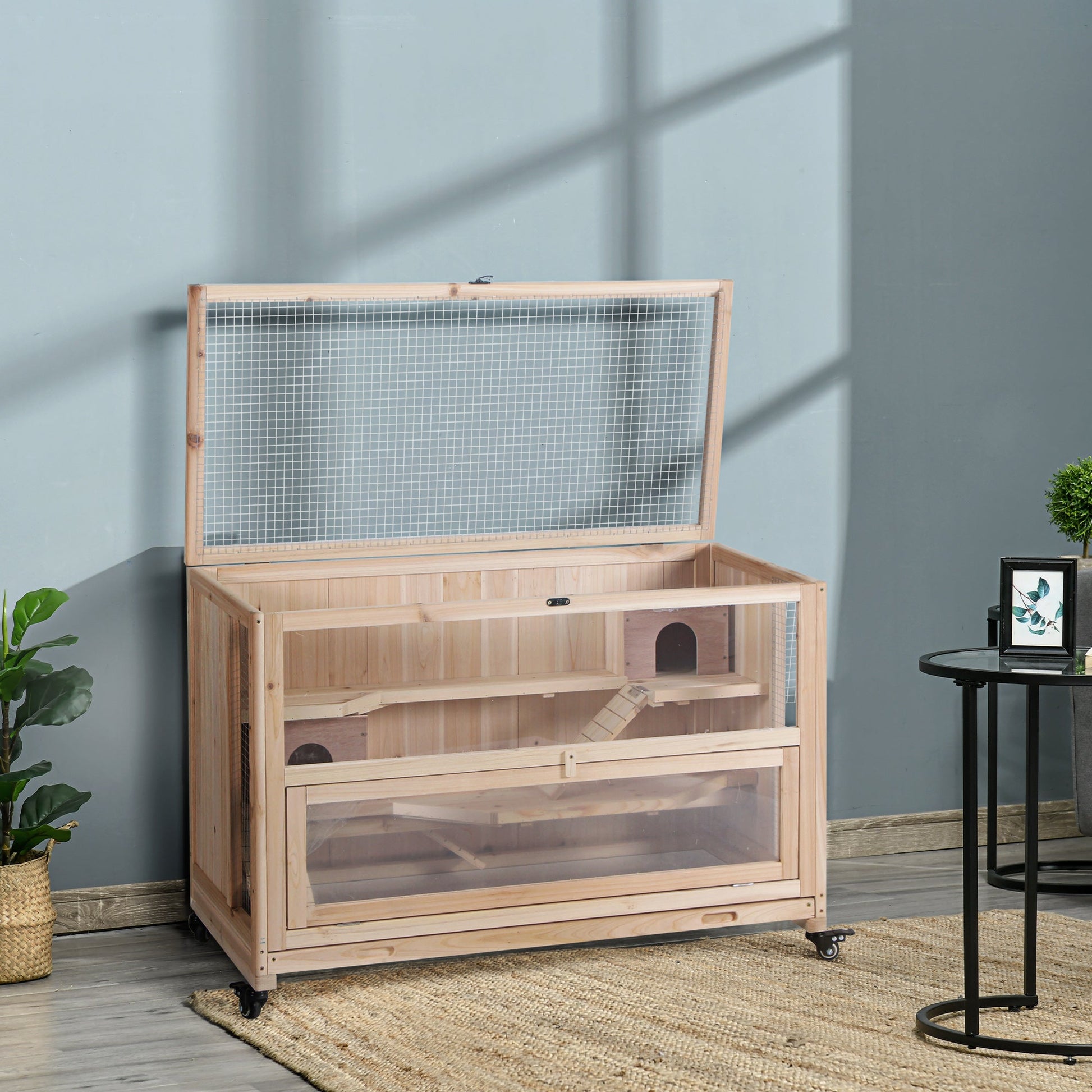 Wooden Hamster Cage, Mice Rodent Small Animals Kit Hutch, 3 Tiers Exercise Play House, with Wheels, Bottom Tray, 99 x 50 x 69 cm, Natural Wood