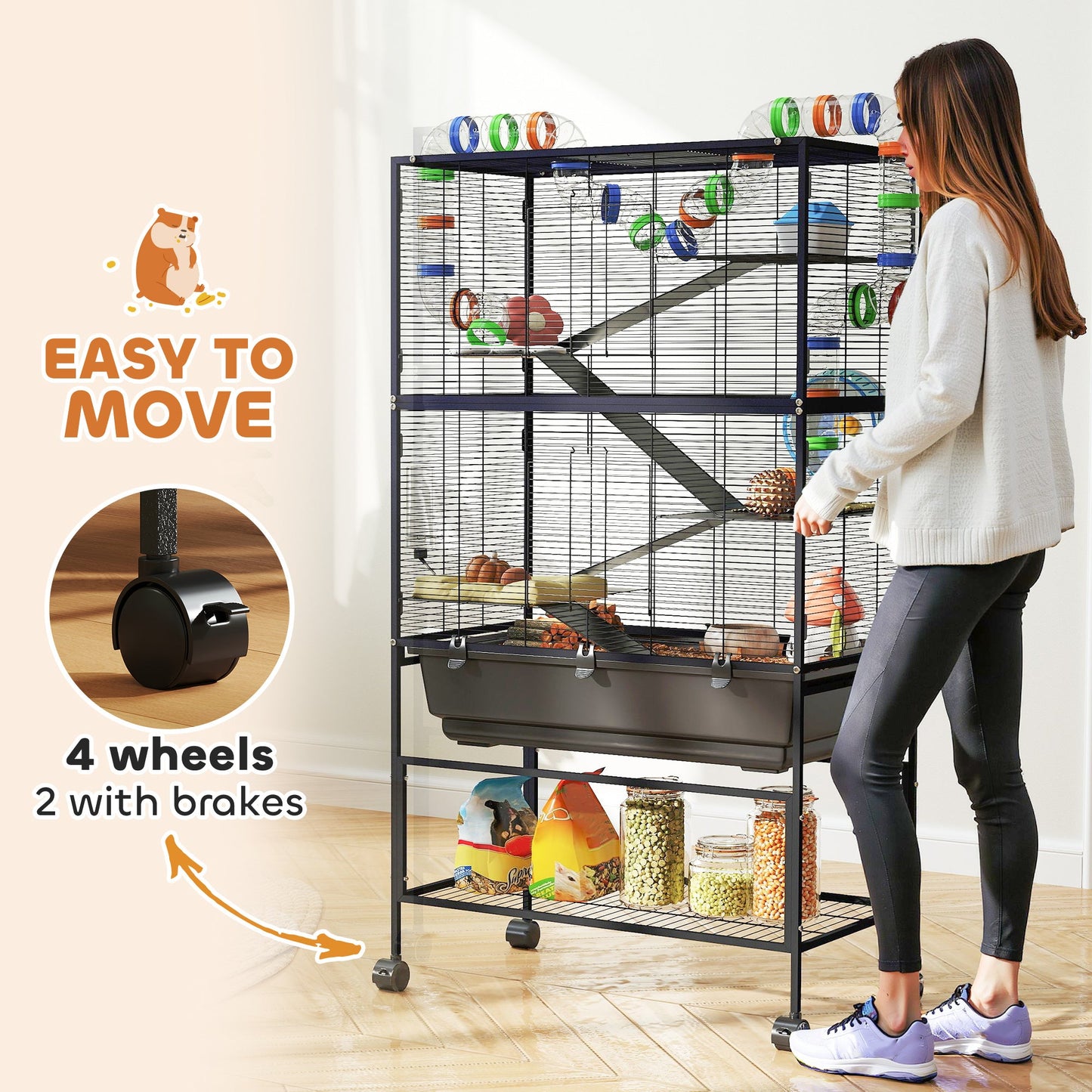 Hamster Cage, 5 Tier Large Gerbil Cage on Wheels with 17 cm Deep Tray, Storage Shelf, Big Exercise Wheel, Tube System, Hut, Platforms, Ramps, Food Dish, Water Bottle, for Syrian Hamsters, Rats
