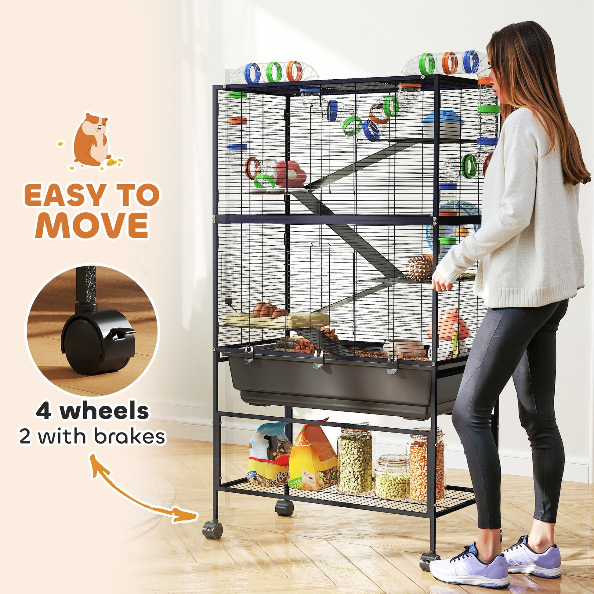 Hamster Cage, 5 Tier Large Gerbil Cage on Wheels with 17 cm Deep Tray, Storage Shelf, Big Exercise Wheel, Tube System, Hut, Platforms, Ramps, Food Dish, Water Bottle, for Syrian Hamsters, Rats