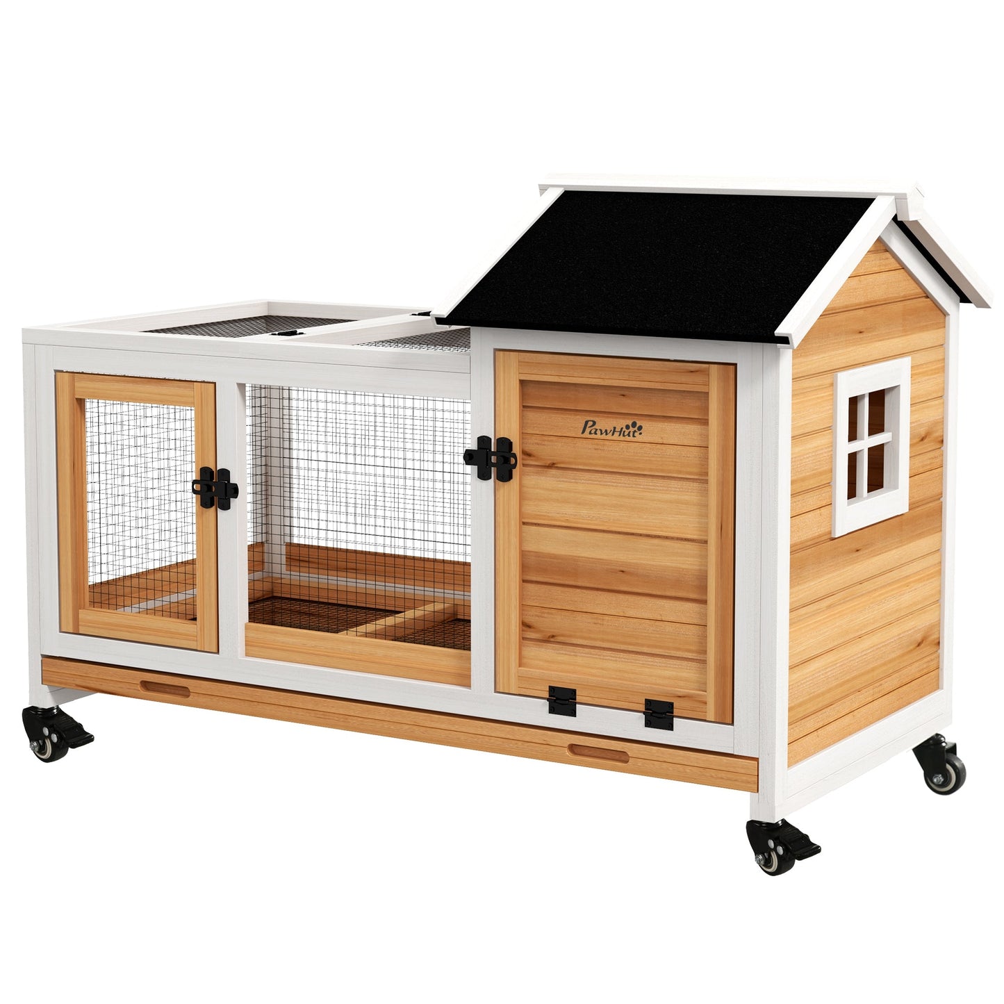 Wooden Rabbit Hutch with Wheels, Guinea Pig Cage, Small Animal House for Outdoor & Indoor with Slide-out Tray, 108 x 58 x 73.5cm, Yellow