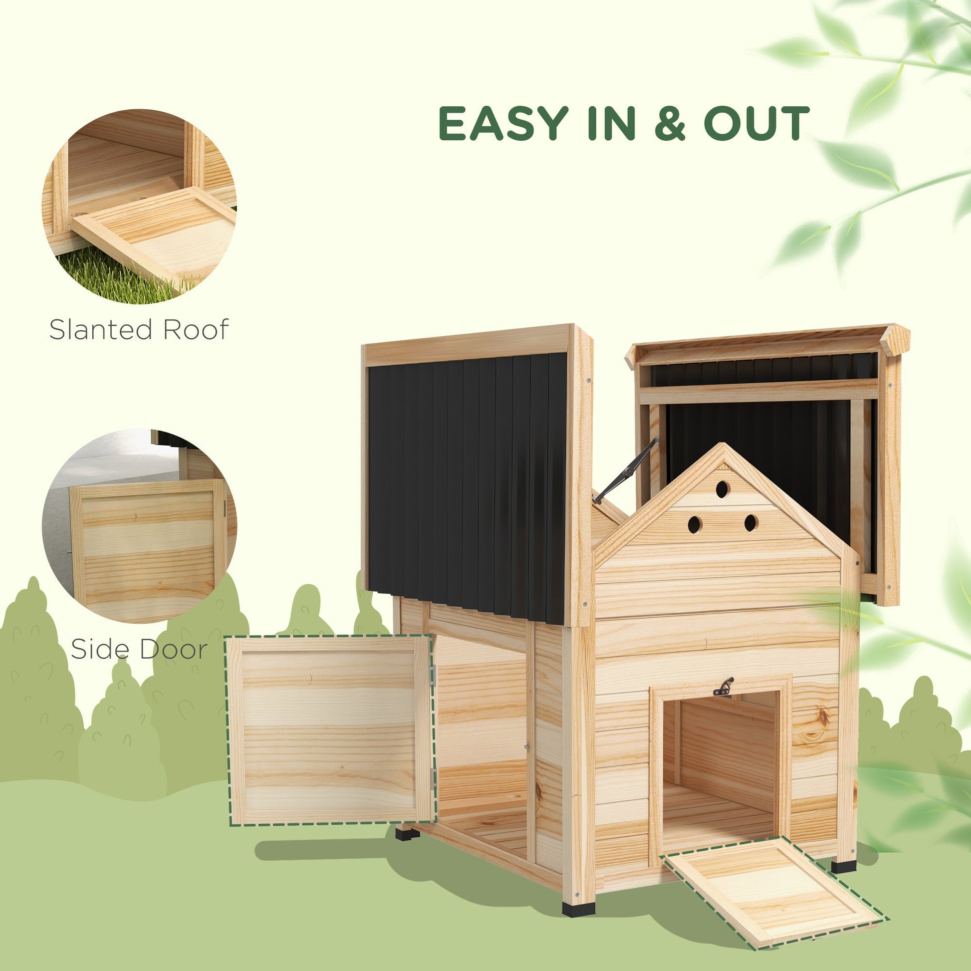 Wooden Duck House, Raised Chicken Coop with Double Doors, Poultry Coop with Openable Roof, Ventilation Holes, Removable Base, Natural Wood Finish