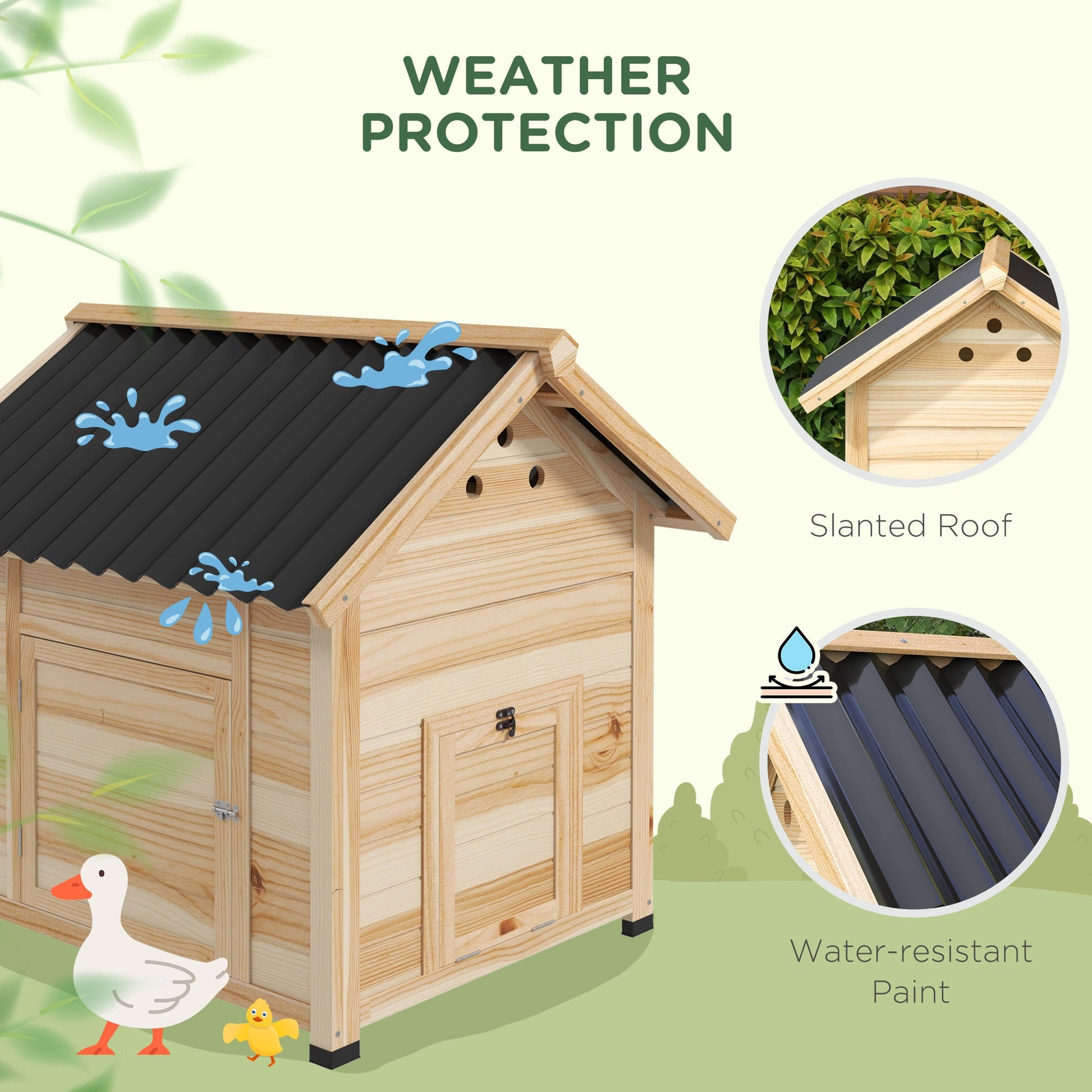 Wooden Duck House, Raised Chicken Coop with Double Doors, Poultry Coop with Openable Roof, Ventilation Holes, Removable Base, Natural Wood Finish