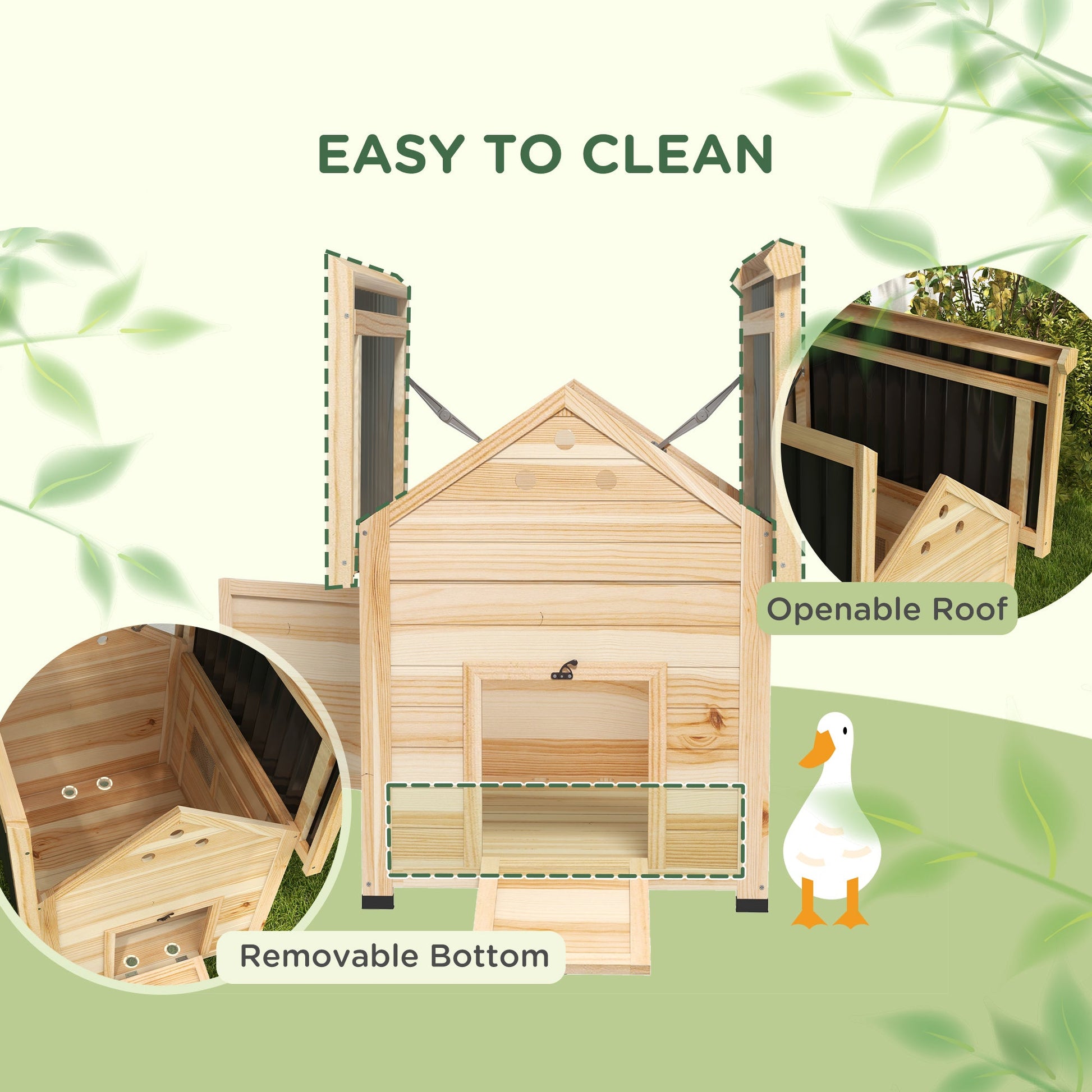 Wooden Duck House, Raised Chicken Coop with Double Doors, Poultry Coop with Openable Roof, Ventilation Holes, Removable Base, Natural Wood Finish