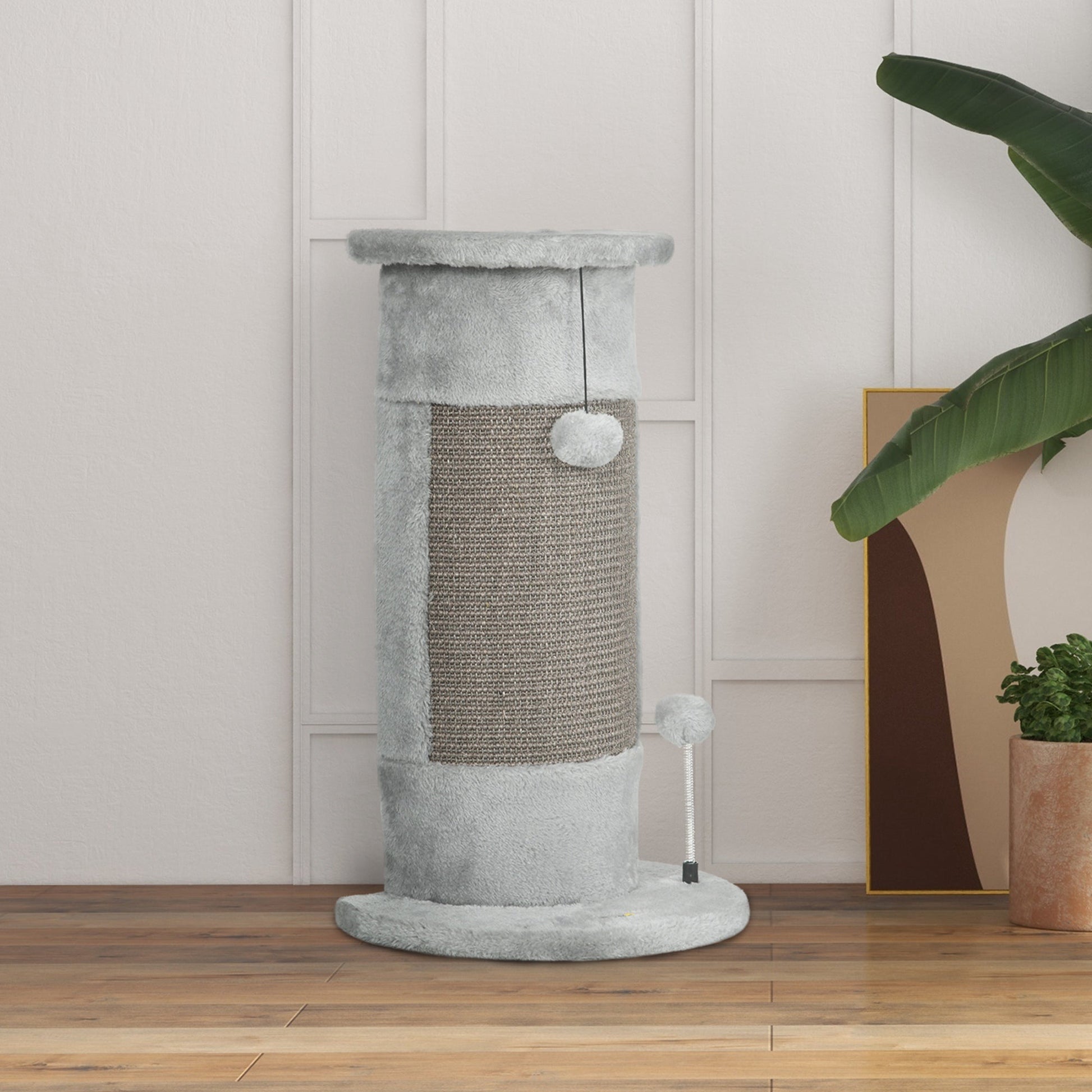 58cm Cat Scratching Post for Corner Wall, Claw Scratcher, with Smooth Plush, Sisal Rope, Toy Balls, Stable Base - Grey