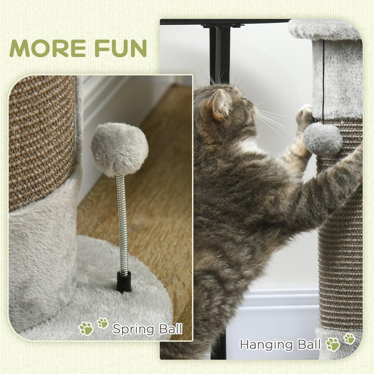 58cm Cat Scratching Post for Corner Wall, Claw Scratcher, with Smooth Plush, Sisal Rope, Toy Balls, Stable Base - Grey