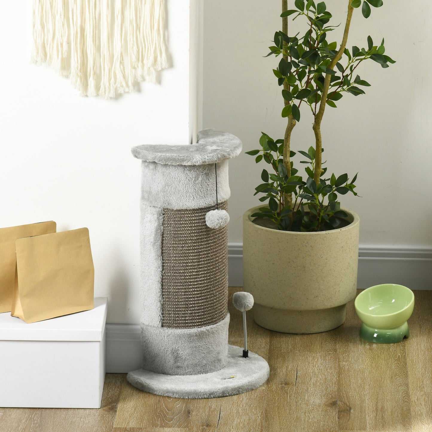 58cm Cat Scratching Post for Corner Wall, Claw Scratcher, with Smooth Plush, Sisal Rope, Toy Balls, Stable Base - Grey