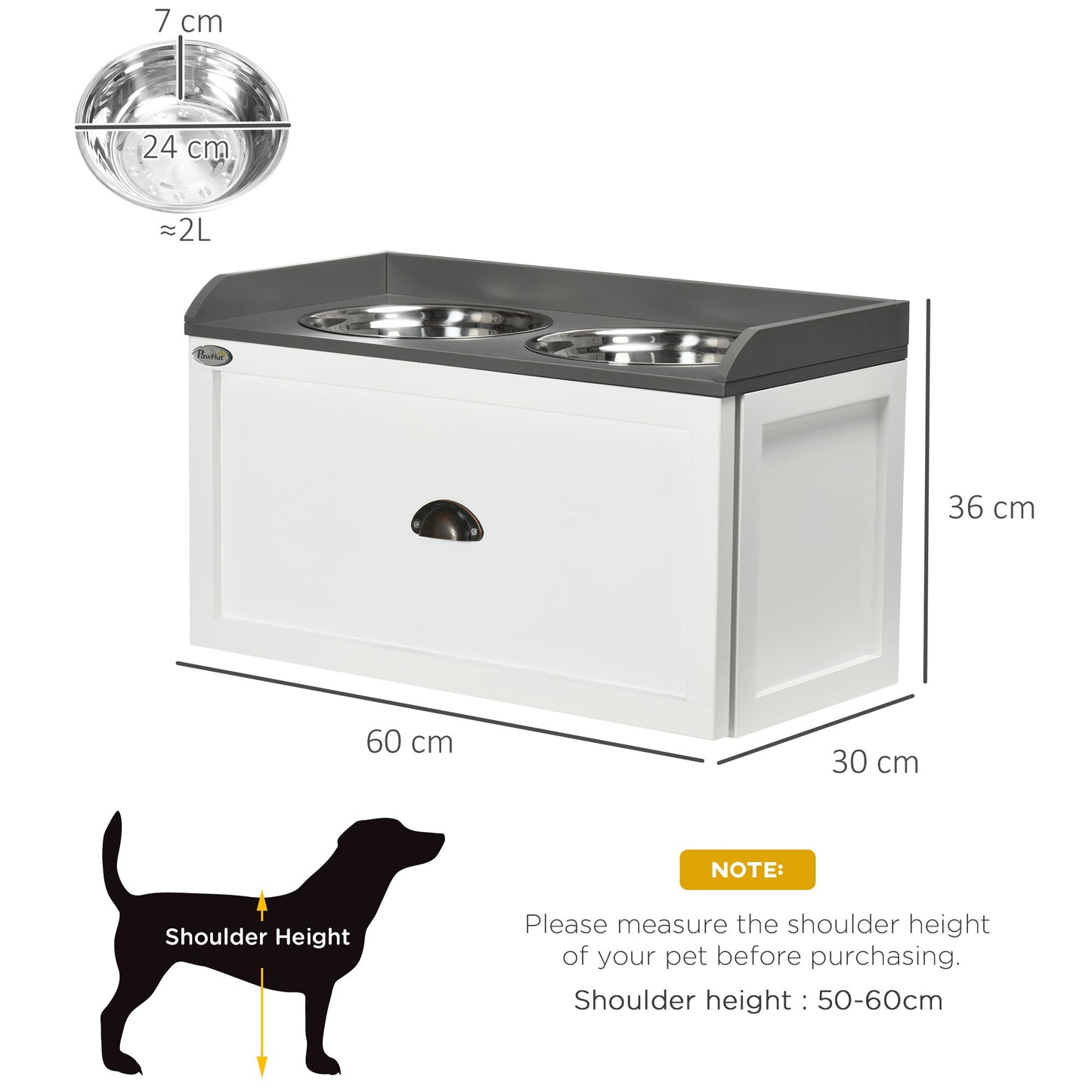 Stainless Steel Raised Dog Bowls, Double Dog Food and Water Bowl w/ 21L Storage Drawer, for Large Dogs - White