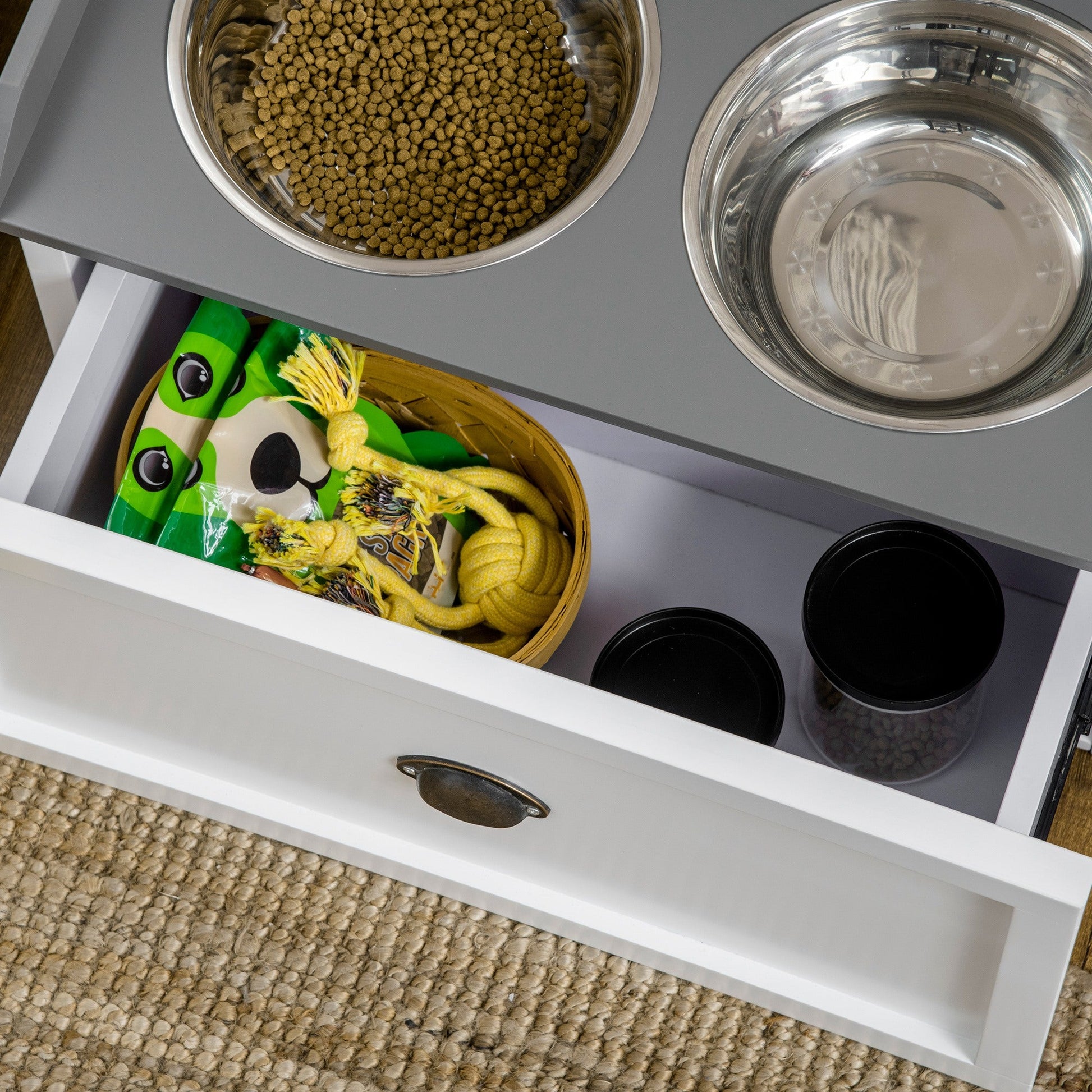 Stainless Steel Raised Dog Bowls, Double Dog Food and Water Bowl w/ 21L Storage Drawer, for Large Dogs - White