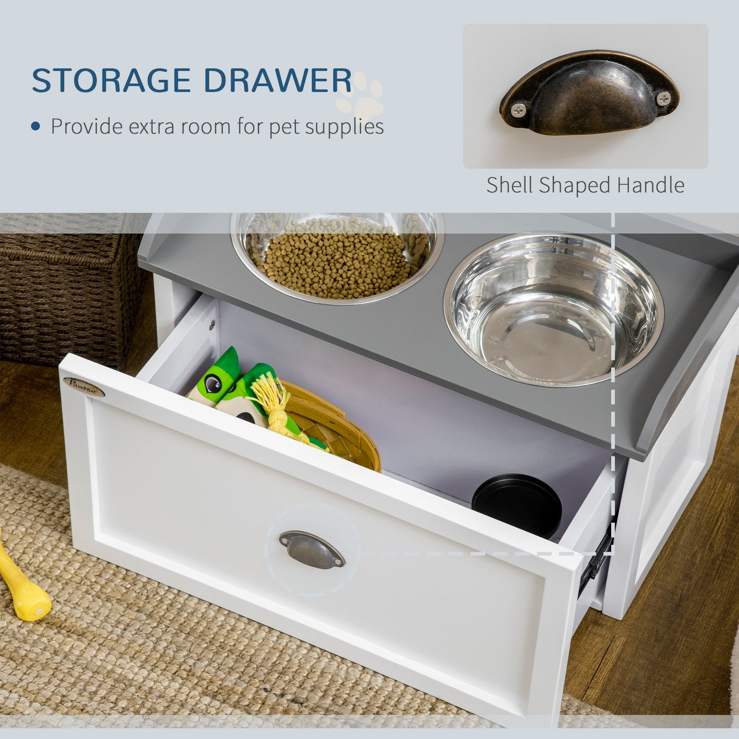 Stainless Steel Raised Dog Bowls, Double Dog Food and Water Bowl w/ 21L Storage Drawer, for Large Dogs - White
