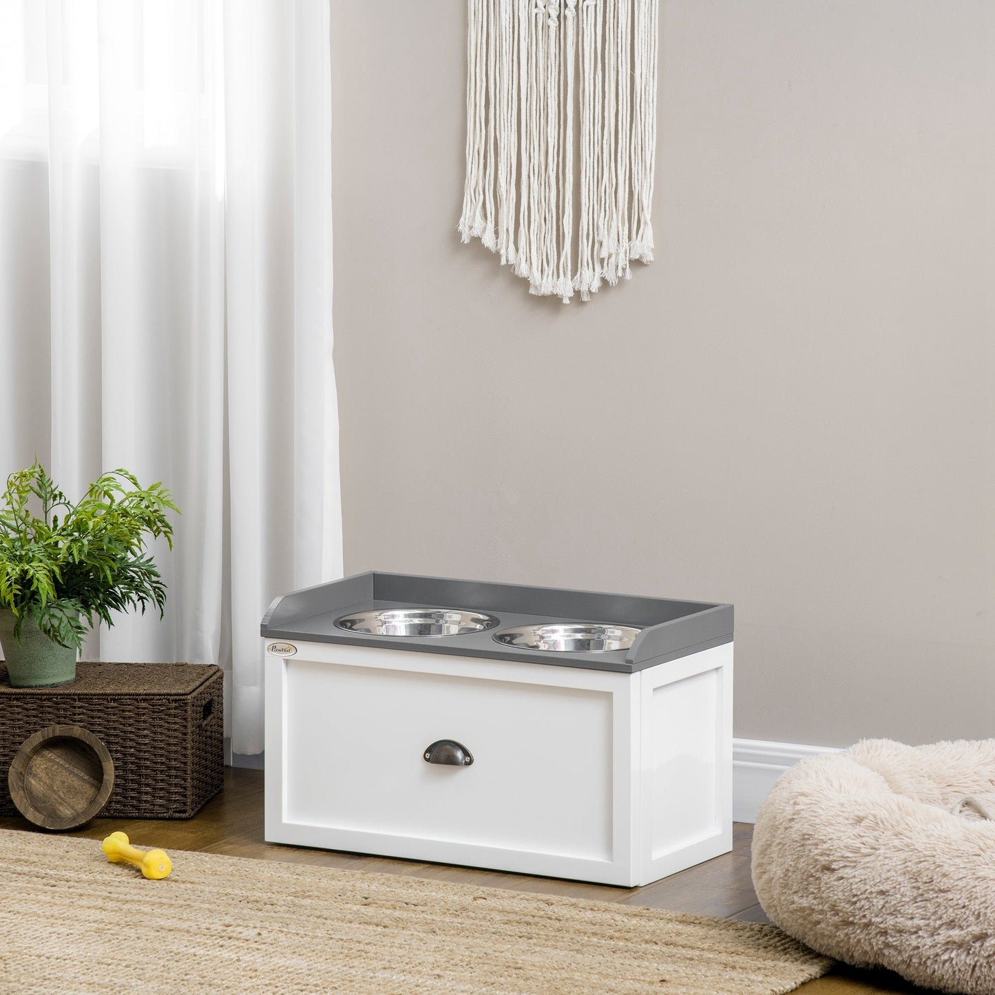 Stainless Steel Raised Dog Bowls, Double Dog Food and Water Bowl w/ 21L Storage Drawer, for Large Dogs - White