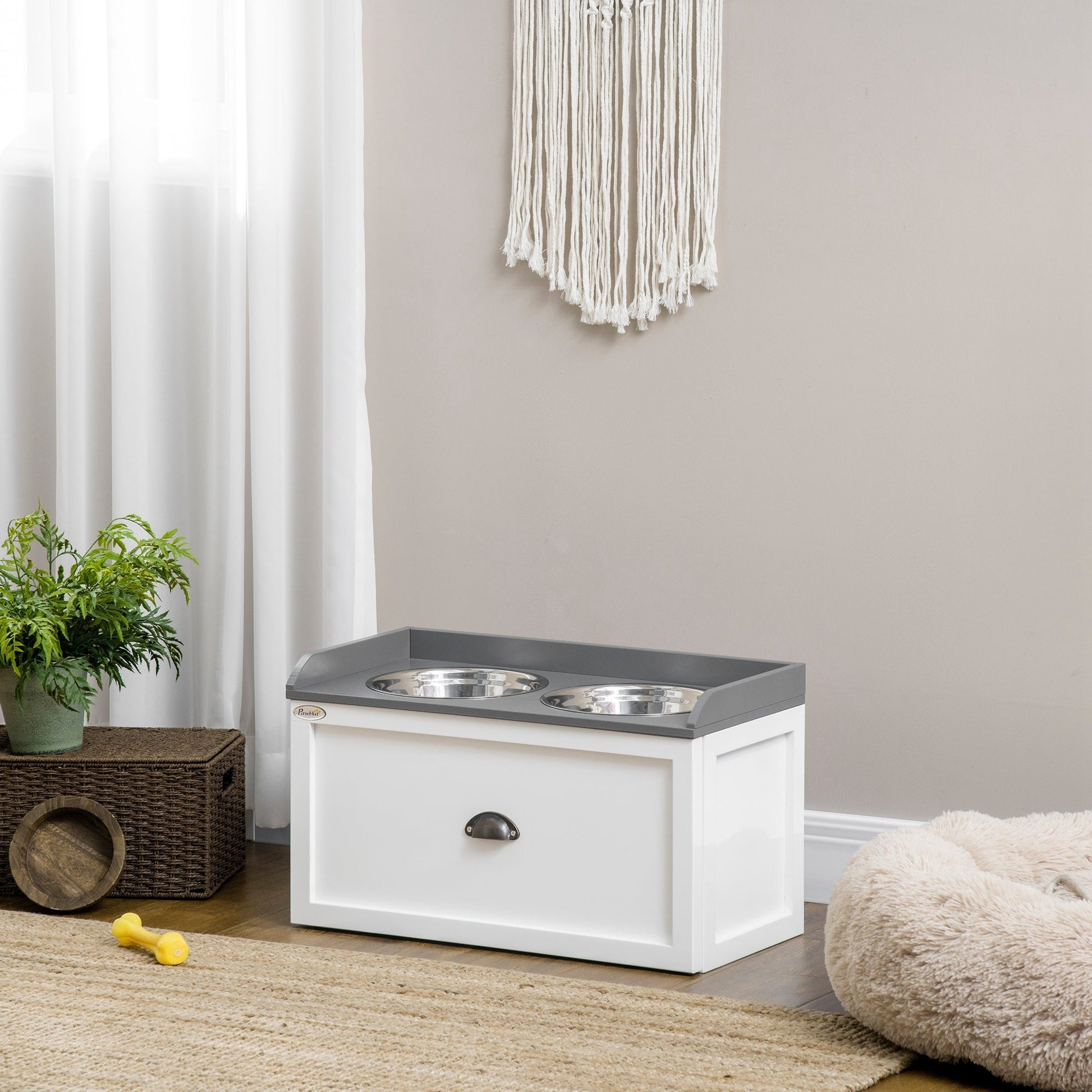 Stainless Steel Raised Dog Bowls, Double Dog Food and Water Bowl w/ 21L Storage Drawer, for Large Dogs - White