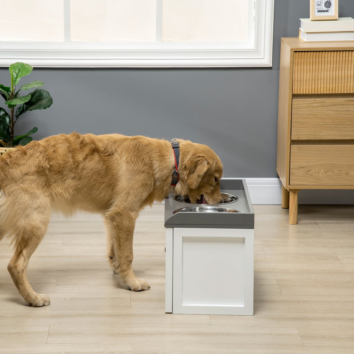 Stainless Steel Raised Dog Bowls, Double Dog Food and Water Bowl w/ 21L Storage Drawer, for Large Dogs - White