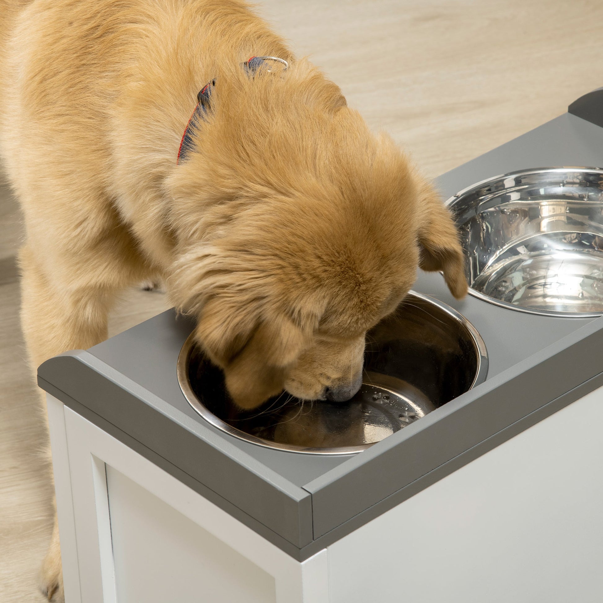 Stainless Steel Raised Dog Bowls, Double Dog Food and Water Bowl w/ 21L Storage Drawer, for Large Dogs - White