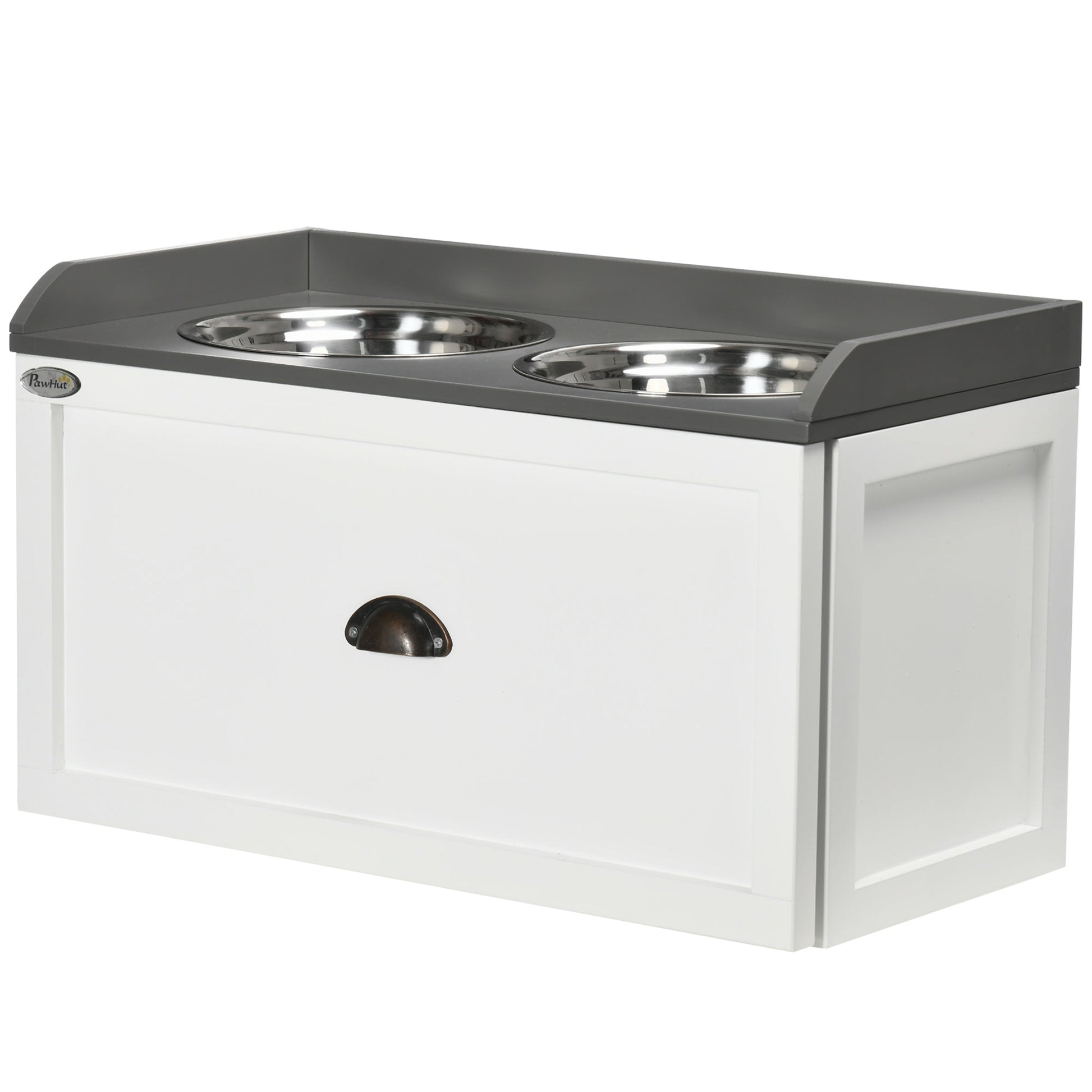 Stainless Steel Raised Dog Bowls, Double Dog Food and Water Bowl w/ 21L Storage Drawer, for Large Dogs - White