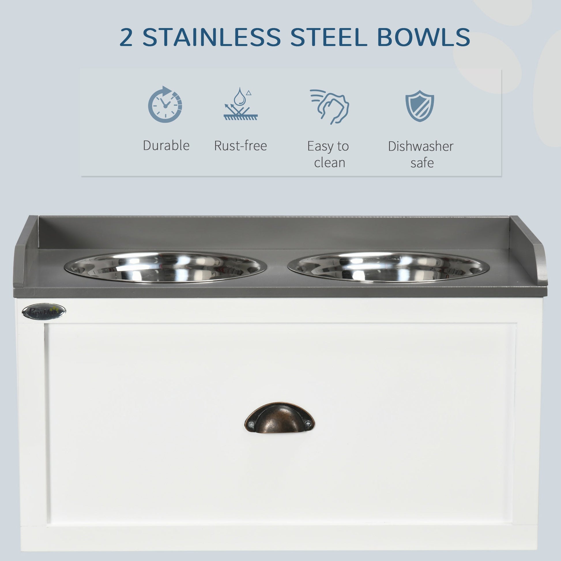 Stainless Steel Raised Dog Bowls, Double Dog Food and Water Bowl w/ 21L Storage Drawer, for Large Dogs - White
